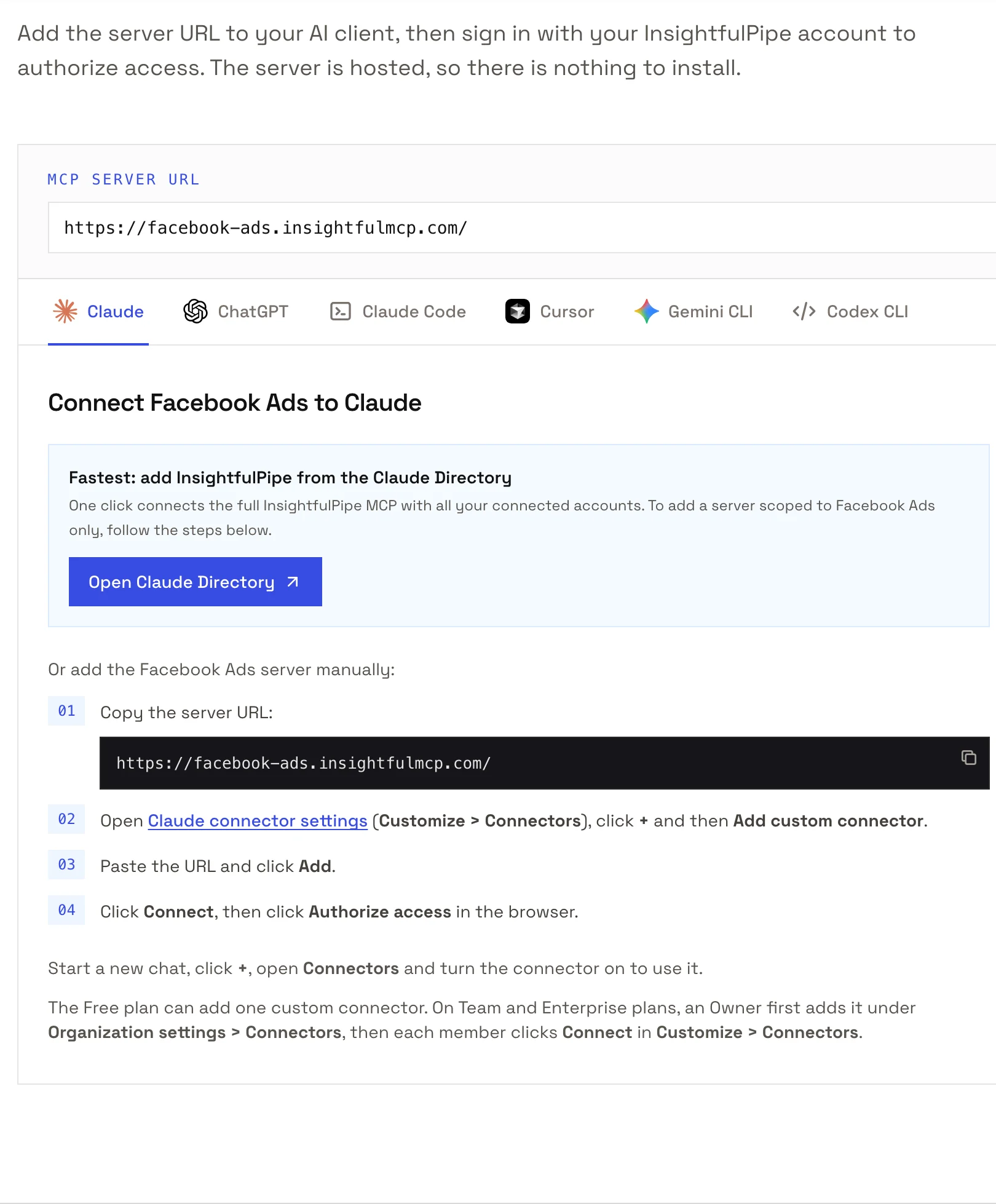 The setup panel on InsightfulPipe's Meta Ads MCP server page: the server URL, the client tabs, and four Claude steps that end in Authorize access.