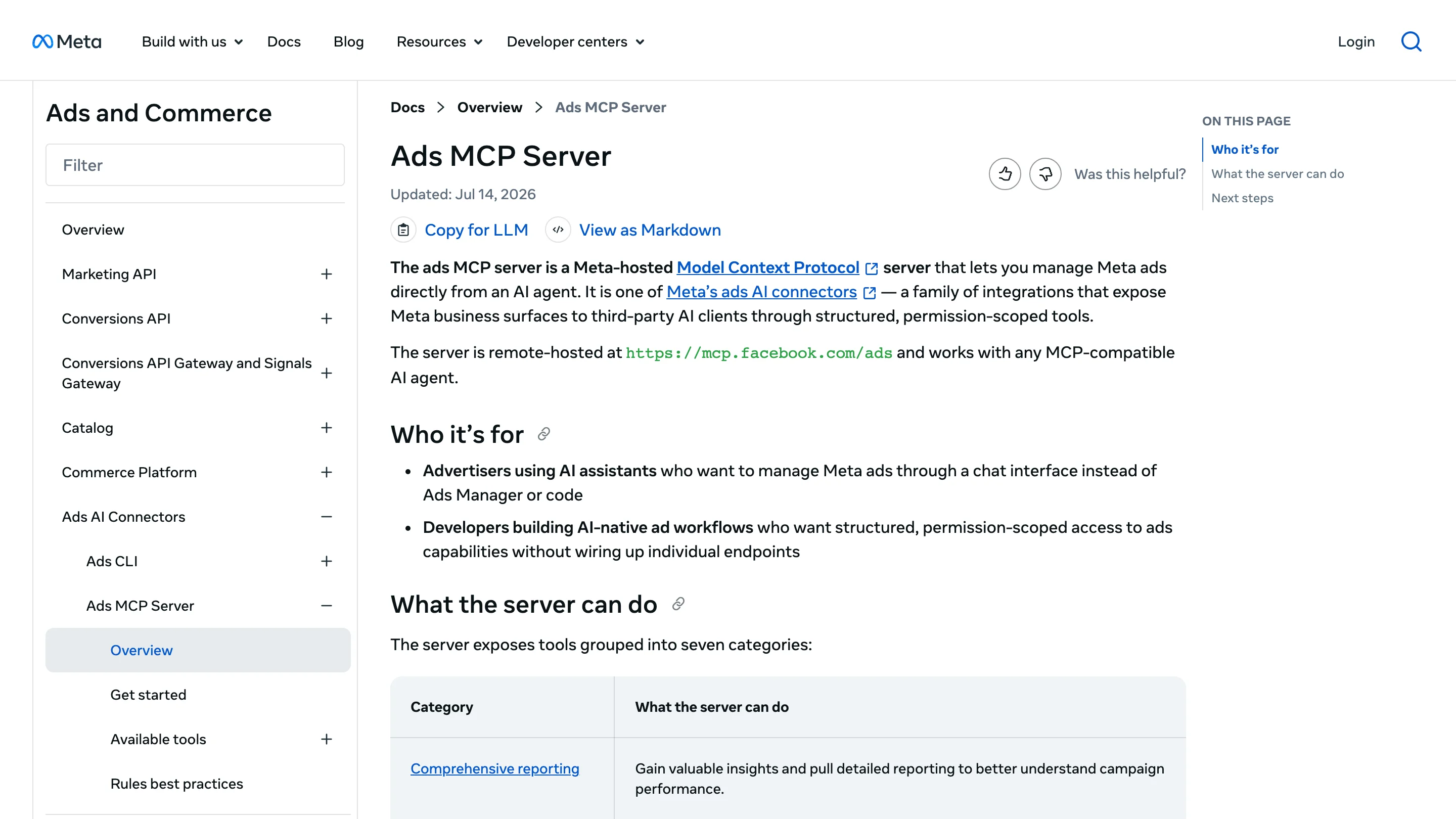 Meta's Ads MCP Server overview page, updated July 14, 2026: a Meta-hosted server at mcp.facebook.com/ads that works with any MCP-compatible AI agent.