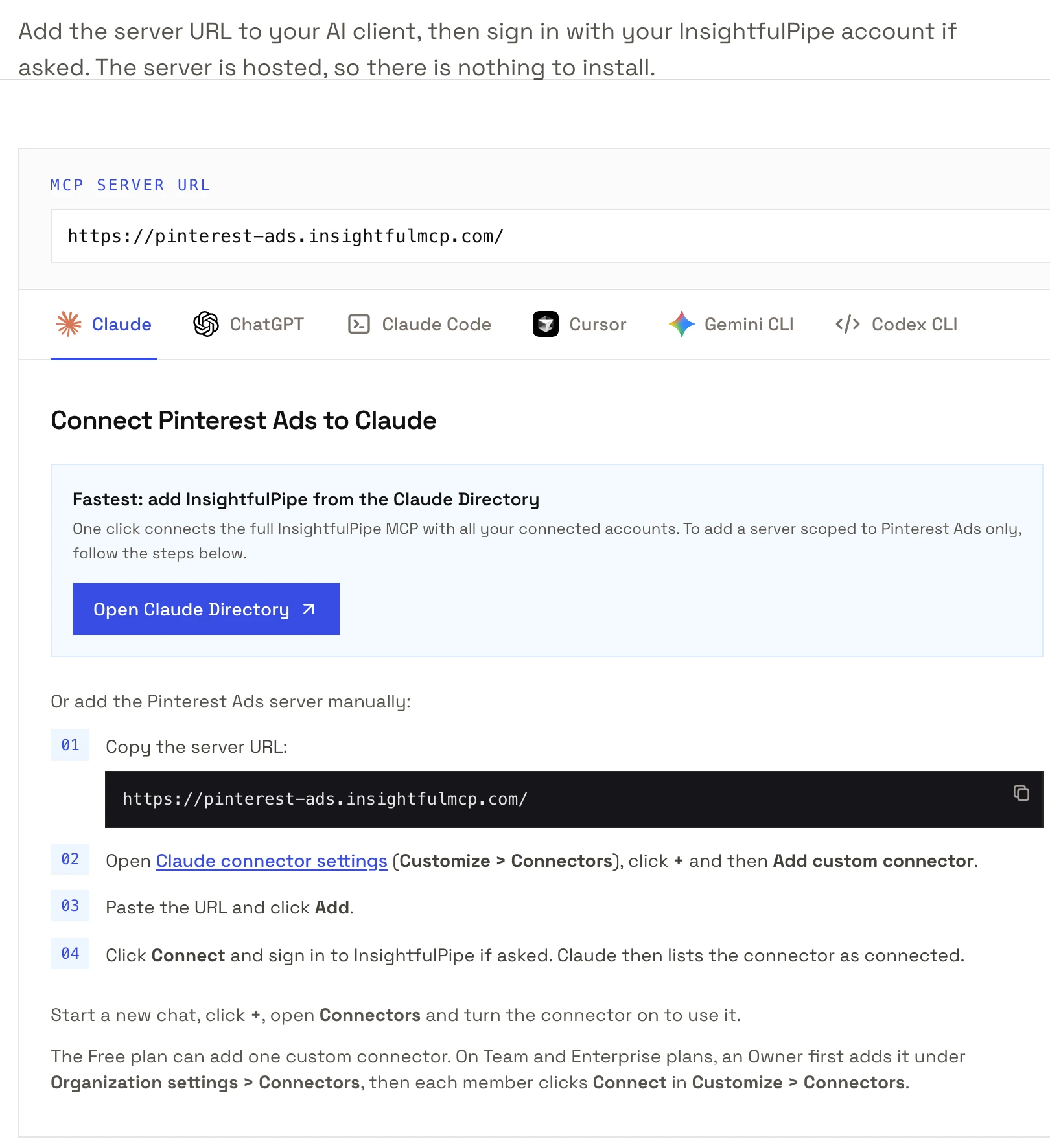 The Pinterest Ads MCP server page on insightfulpipe.com: the server URL with a copy button, client tabs, and four Claude steps ending with Click Connect and sign in to InsightfulPipe if asked.