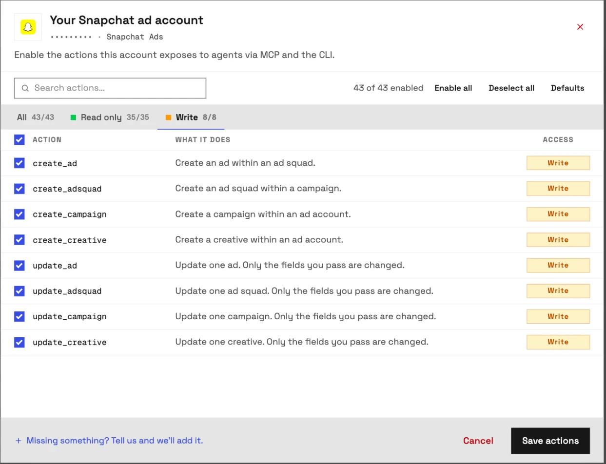 The InsightfulPipe actions for a Snapchat Ads account, Write tab: the eight writes for campaigns, ad squads, ads and creatives, each a switch an admin can turn off.