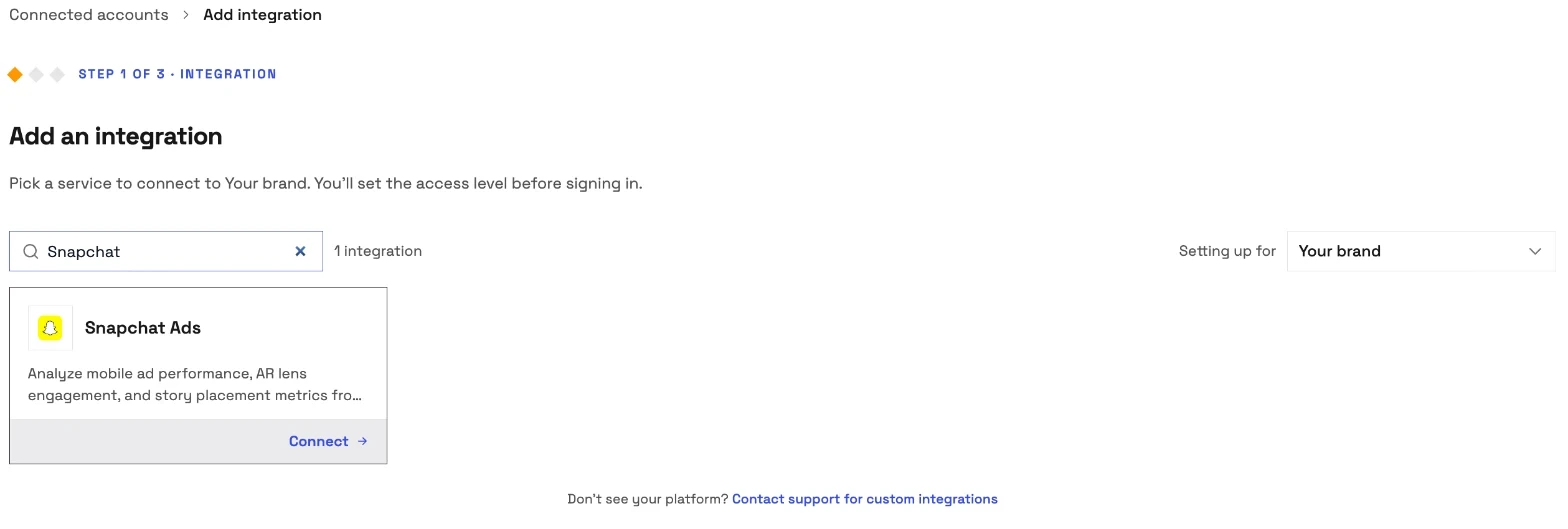 Step 1 of 3 in InsightfulPipe, Add an integration: a search for Snapchat returns the Snapchat Ads card with its Connect button.
