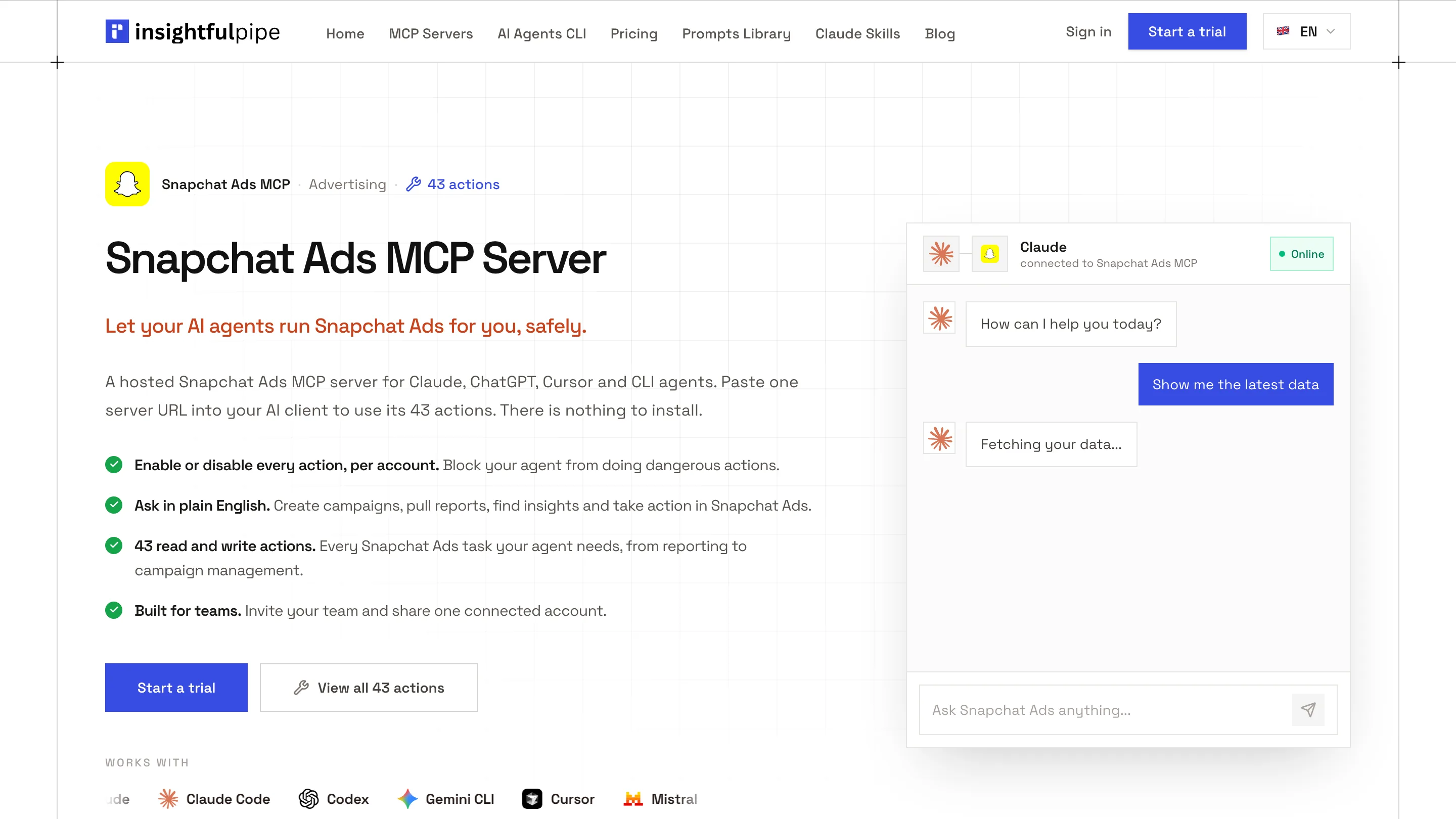 The InsightfulPipe Snapchat Ads MCP page: 43 read and write actions, every action enabled or disabled per account, and one server URL for Claude, ChatGPT, Cursor and CLI agents.