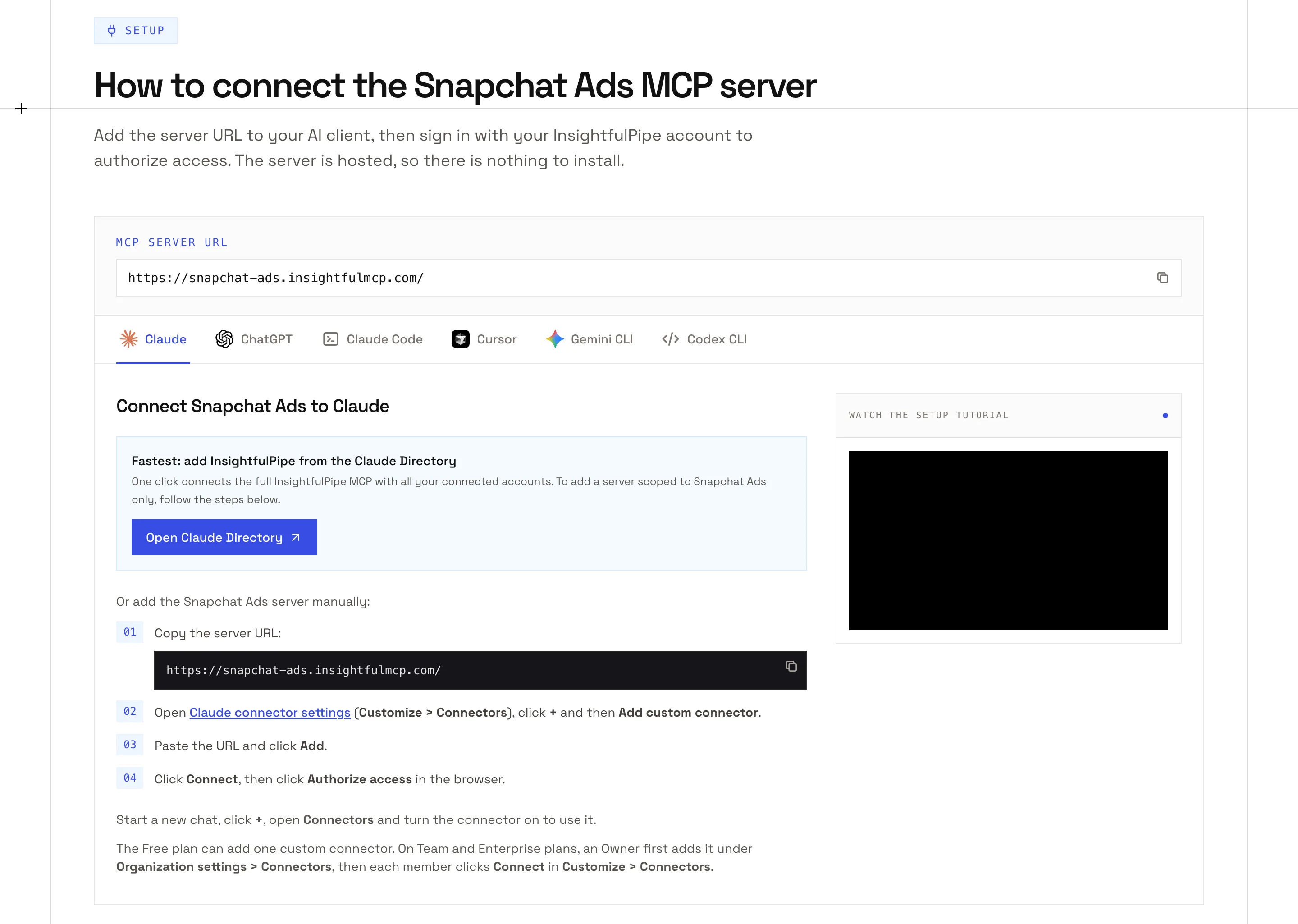 The setup section of InsightfulPipe's Snapchat Ads MCP page: the server URL, tabs for six AI clients and the Claude steps ending in Authorize access.