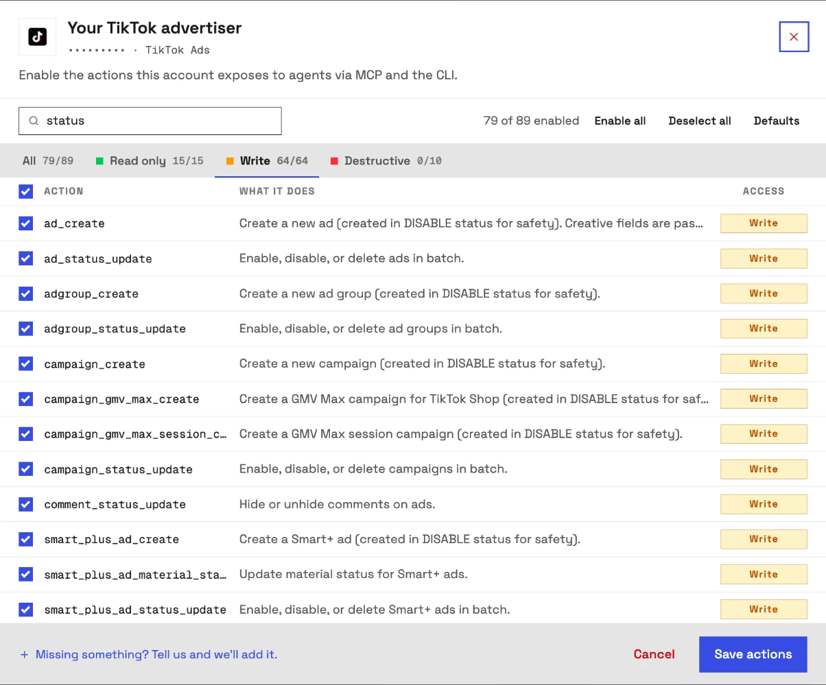 The actions for a connected TikTok advertiser in InsightfulPipe, searched for status with 79 of 89 on: campaigns and ad groups created disabled, and the status updates that can enable or delete, each a switch.