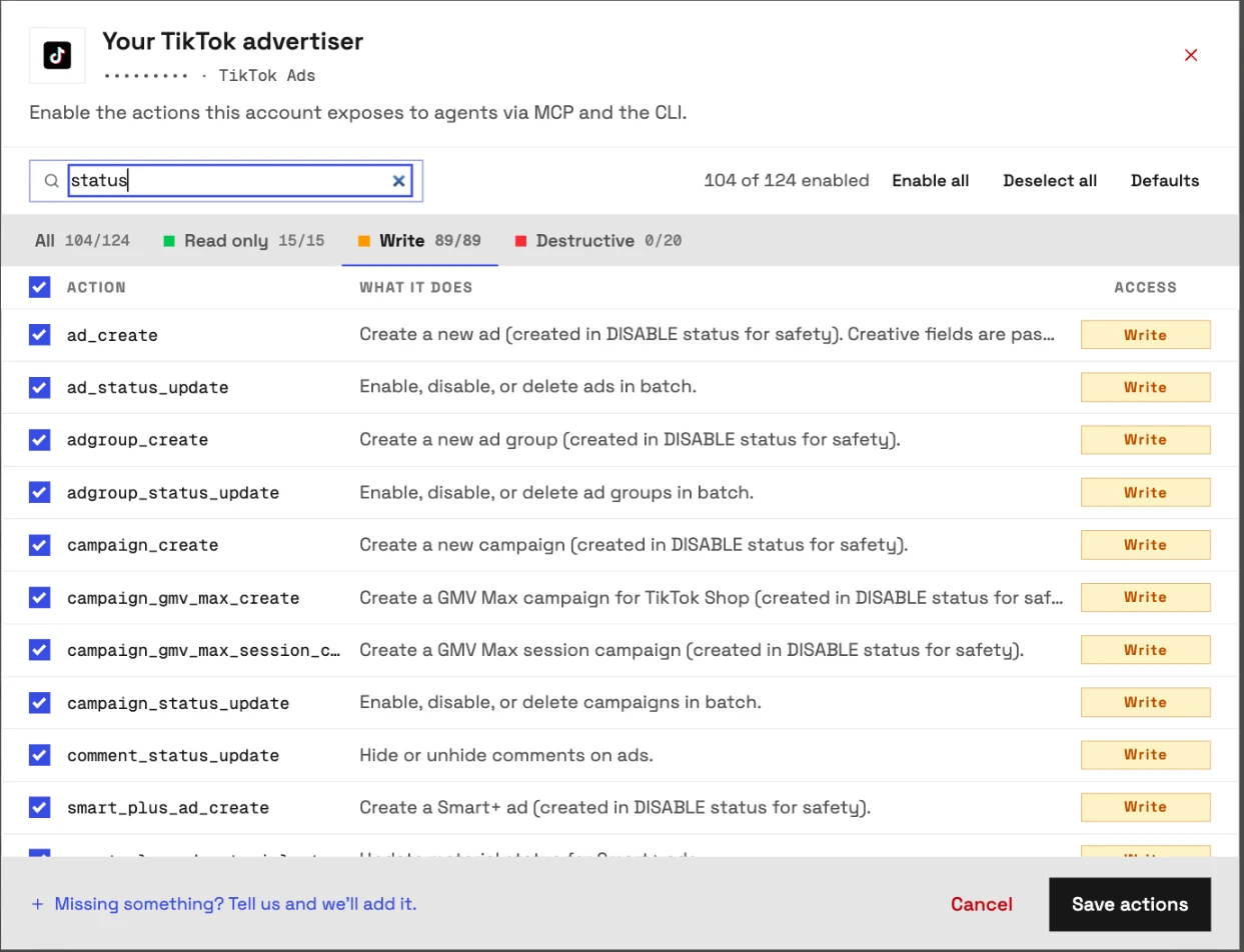 The actions for a TikTok advertiser in InsightfulPipe, filtered to status: 104 of 124 on, every status update a switch, and 0 of 20 destructive actions on.