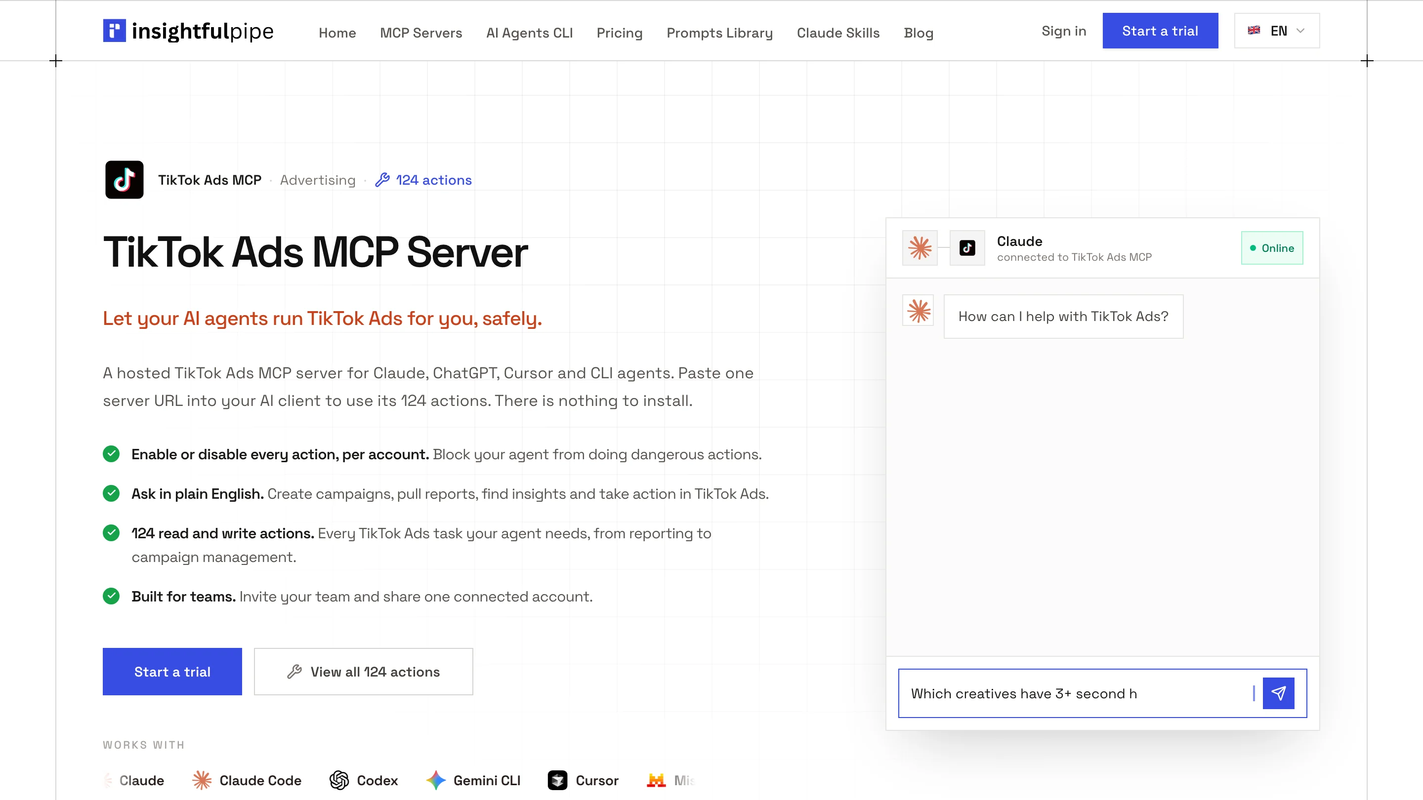 The InsightfulPipe TikTok Ads MCP server page: 124 actions, one hosted server for Claude, ChatGPT, Cursor and CLI agents, and every action enabled or disabled per account.