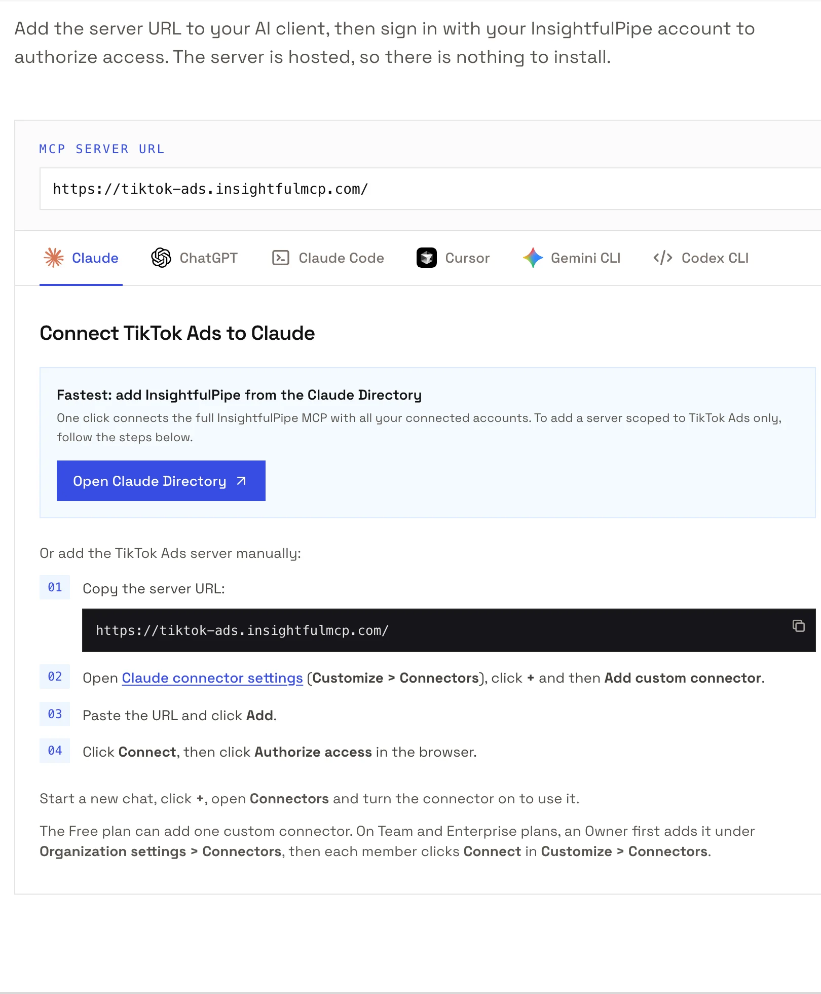 The TikTok Ads setup section on insightfulpipe.com: the MCP server URL, a tab for each AI client, and the four Claude steps ending in Authorize access.