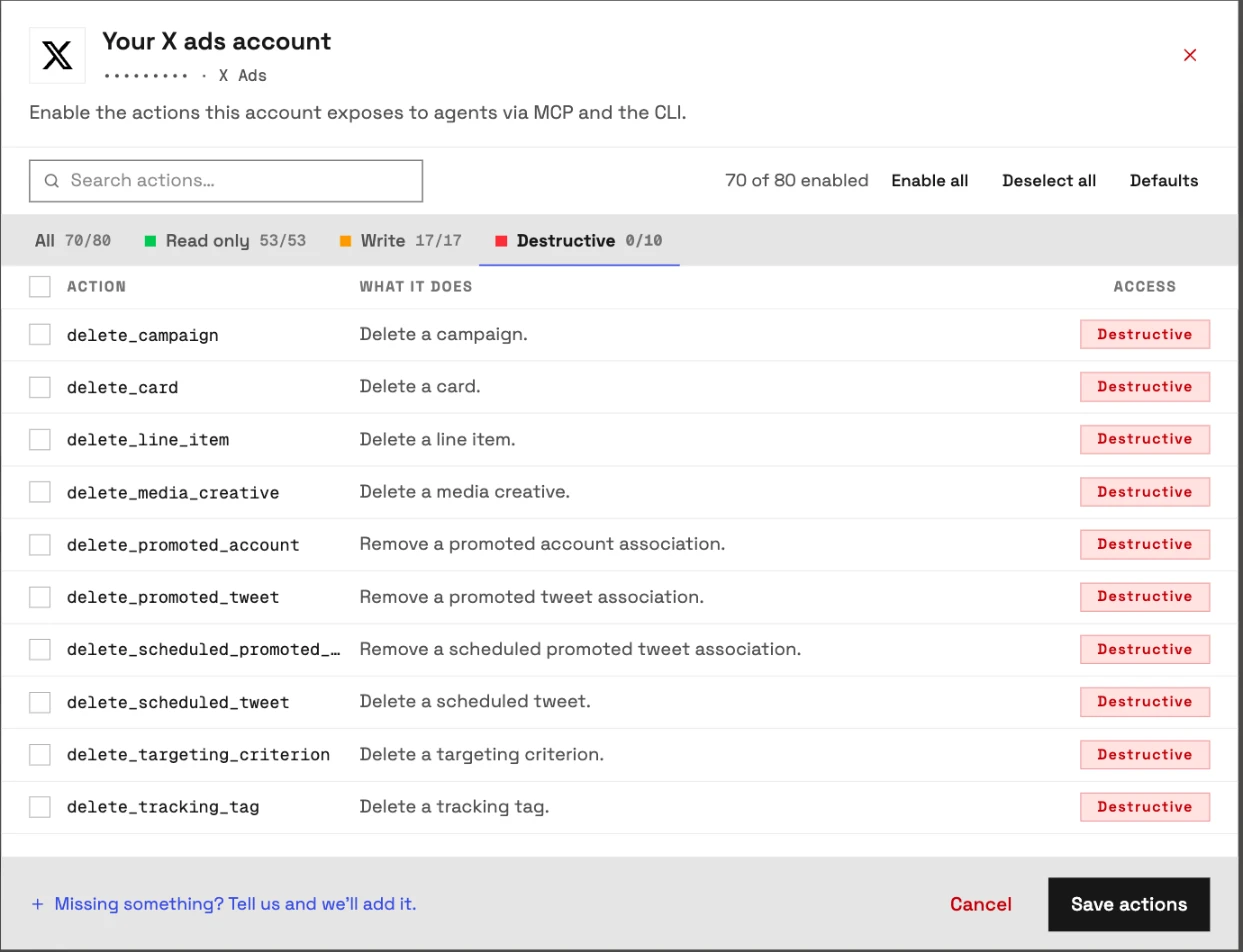 The actions for a connected X Ads account in InsightfulPipe, Destructive tab: all 10 delete actions off, the default, with 70 of 80 actions on.