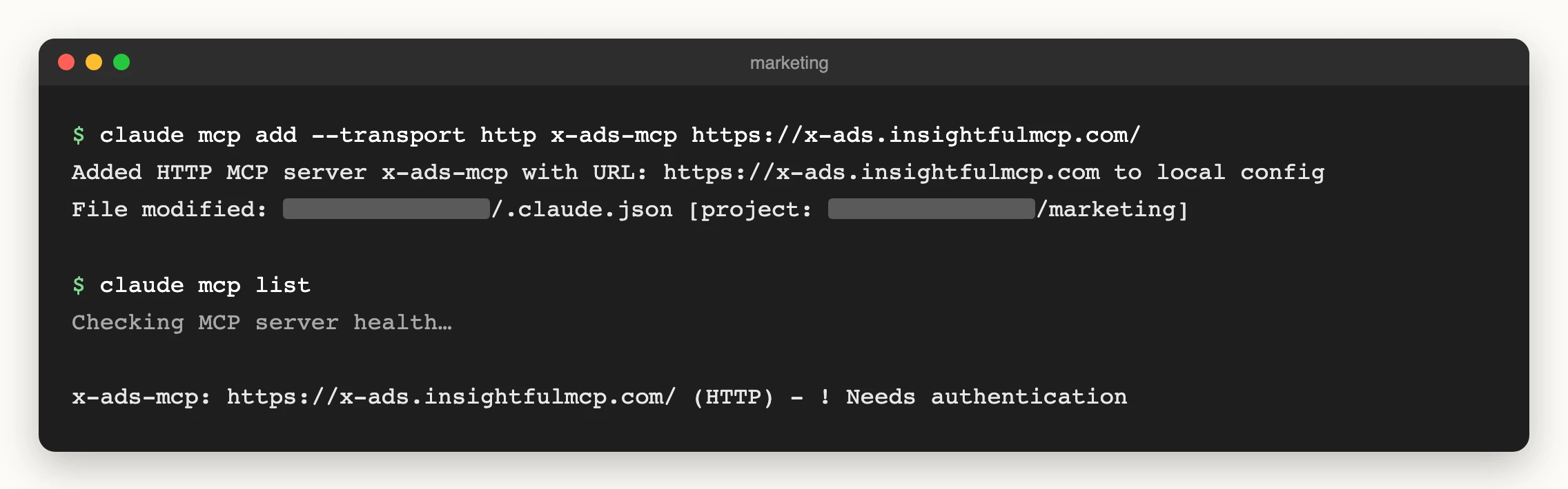 Claude Code in a terminal: claude mcp add registers x-ads-mcp, and claude mcp list shows it waiting for the InsightfulPipe sign-in.