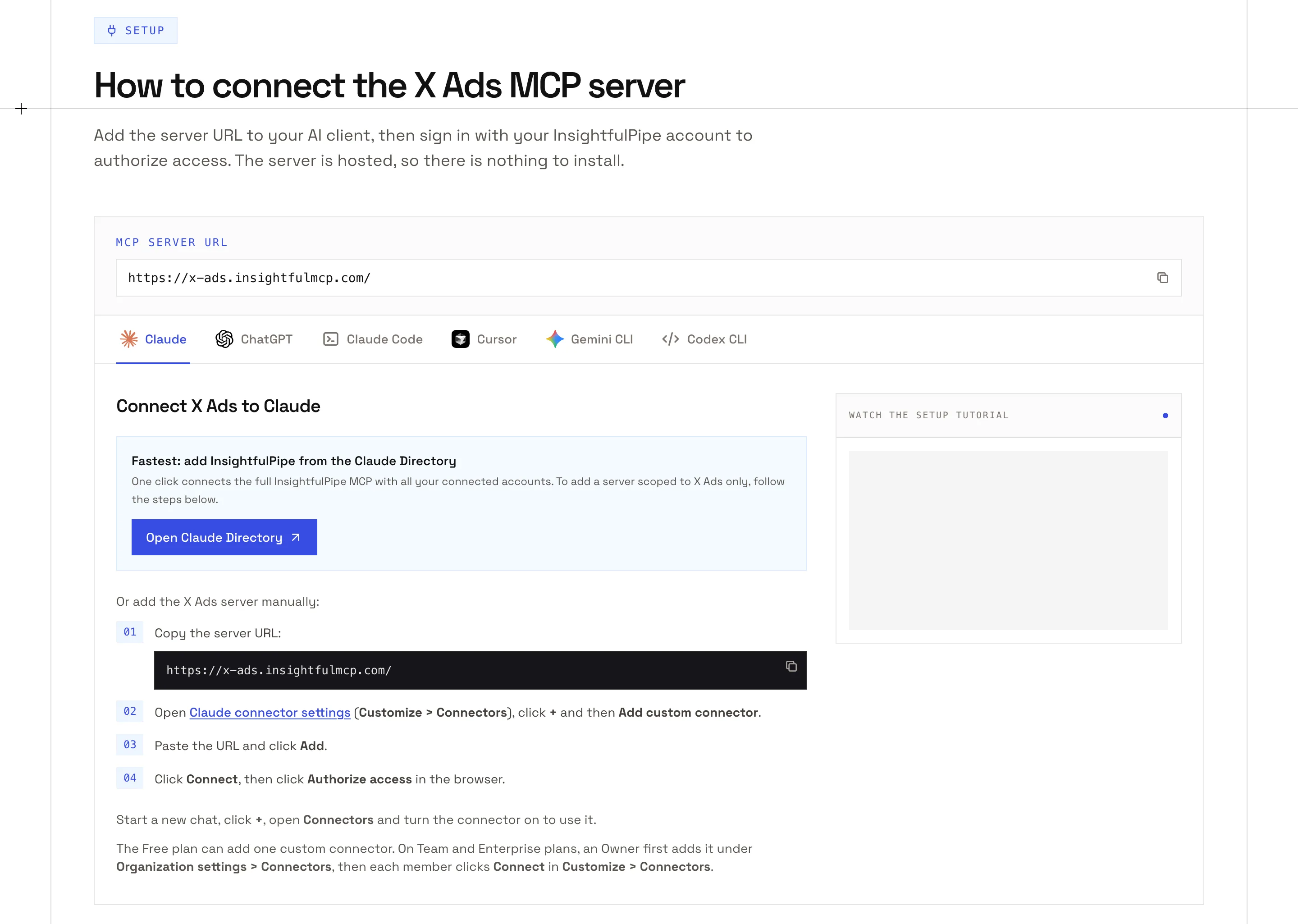 The setup section of InsightfulPipe's X Ads MCP server page: the server URL with a copy button, tabs from Claude to Codex CLI, and the four Claude steps.