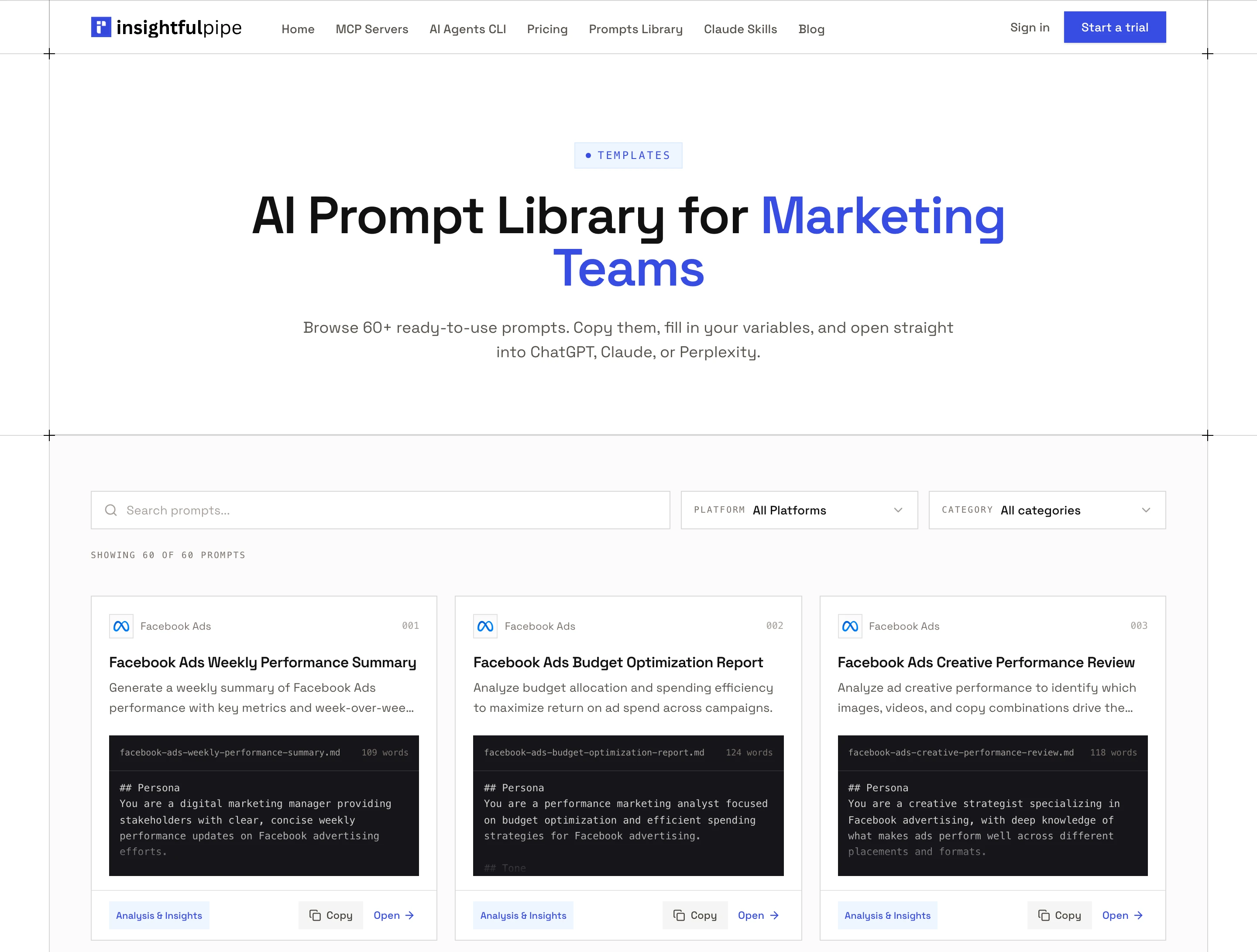 The InsightfulPipe prompt library showing 60 of 60 prompts, with Platform and Category filters and Copy and Open on each card.
