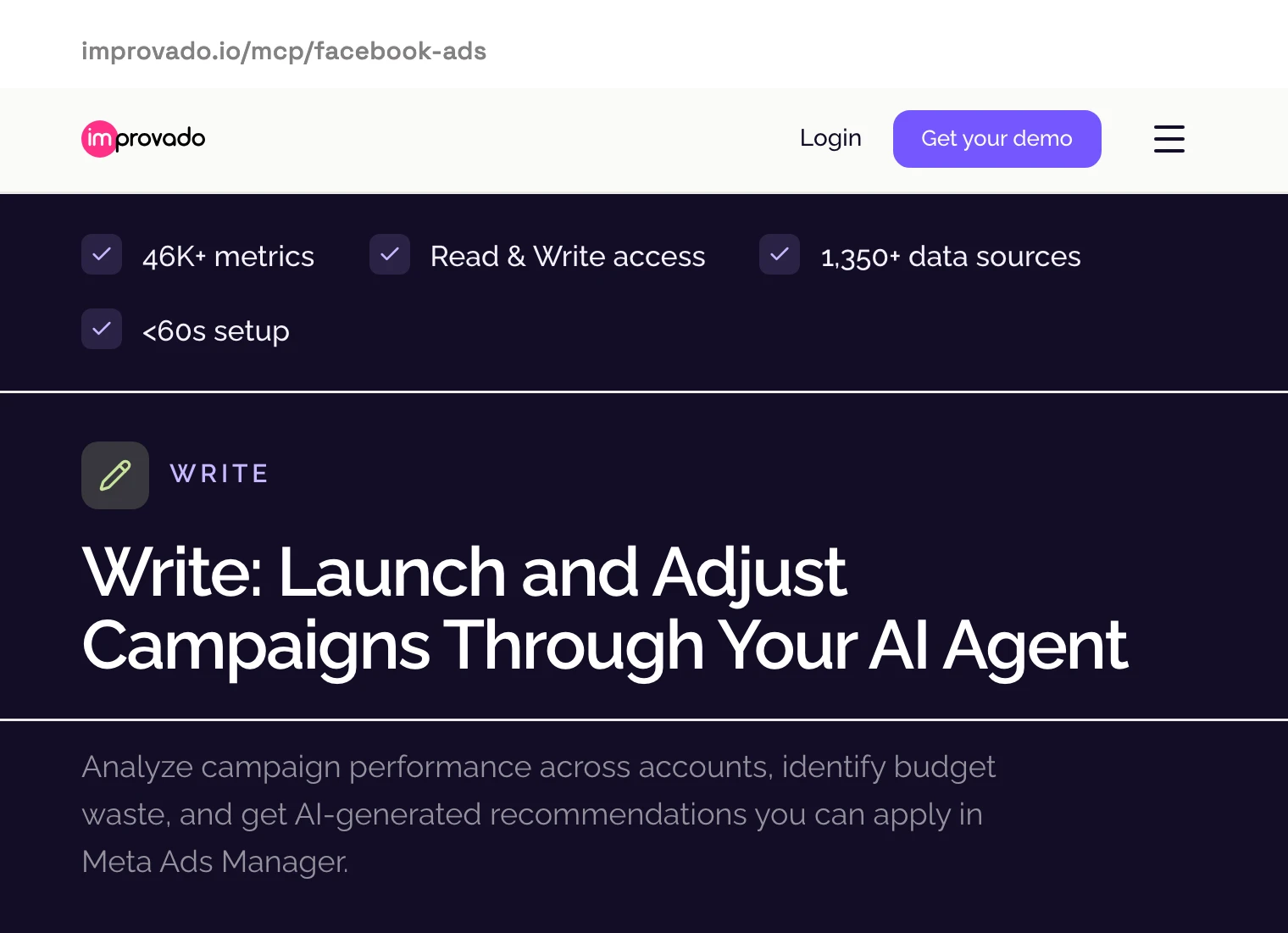 Improvado's Facebook Ads MCP page shows a Read & Write access badge, while its write section offers AI generated recommendations you can apply in Meta Ads Manager.