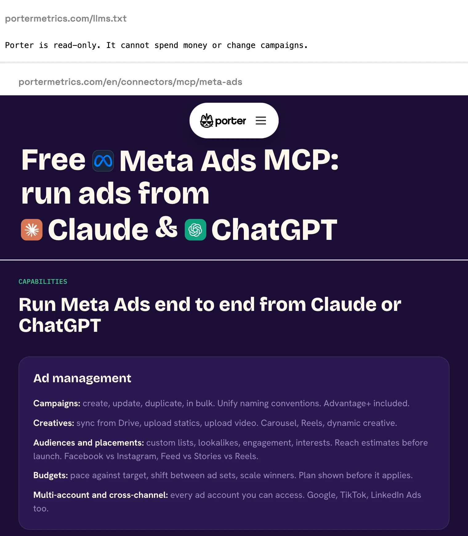 Porter's llms.txt says Porter is read only and cannot change campaigns, while its Meta Ads MCP page lists campaigns: create, update, duplicate, in bulk.