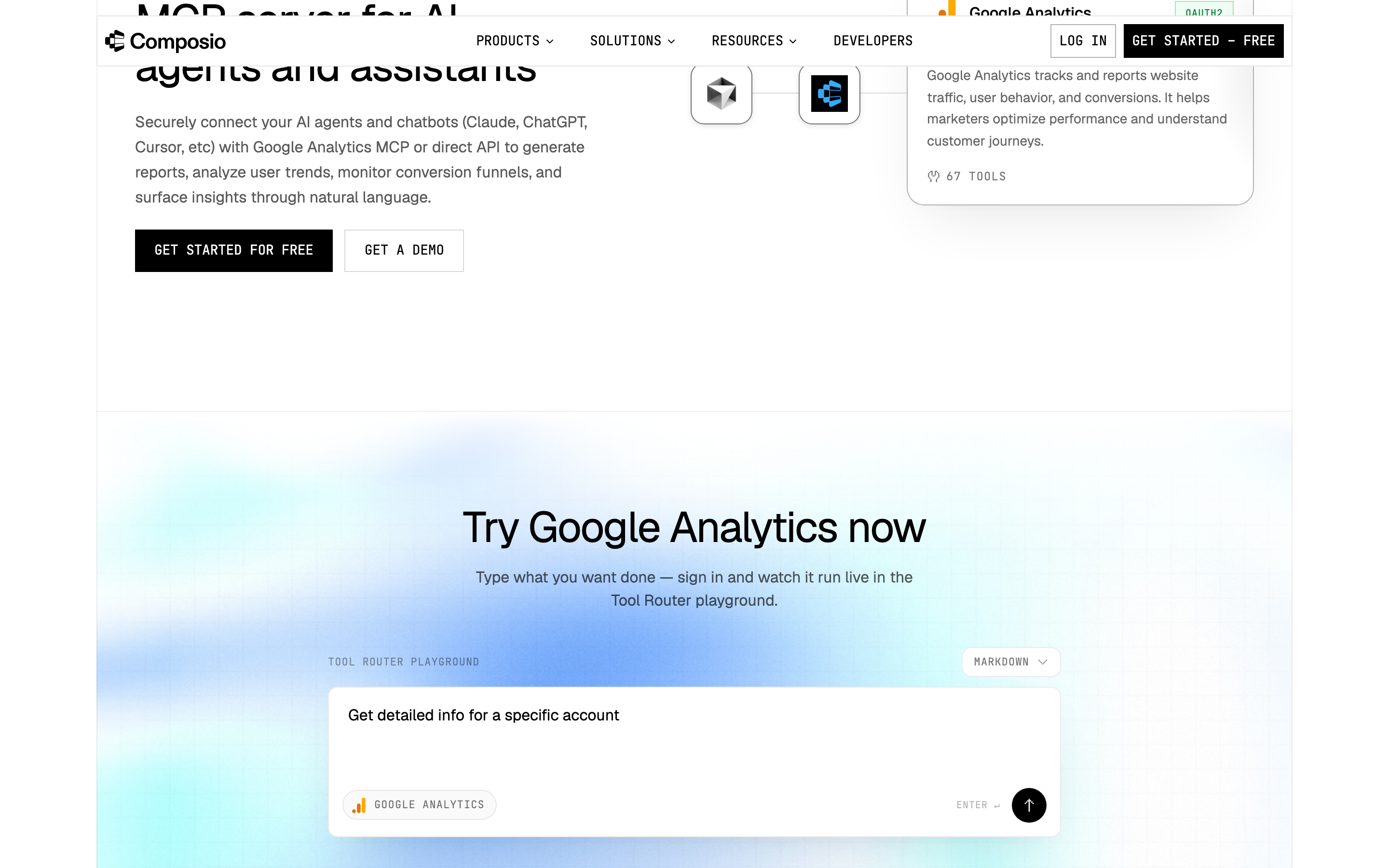 The Composio Google Analytics toolkit page, listing 67 tools, while its docs list 69.