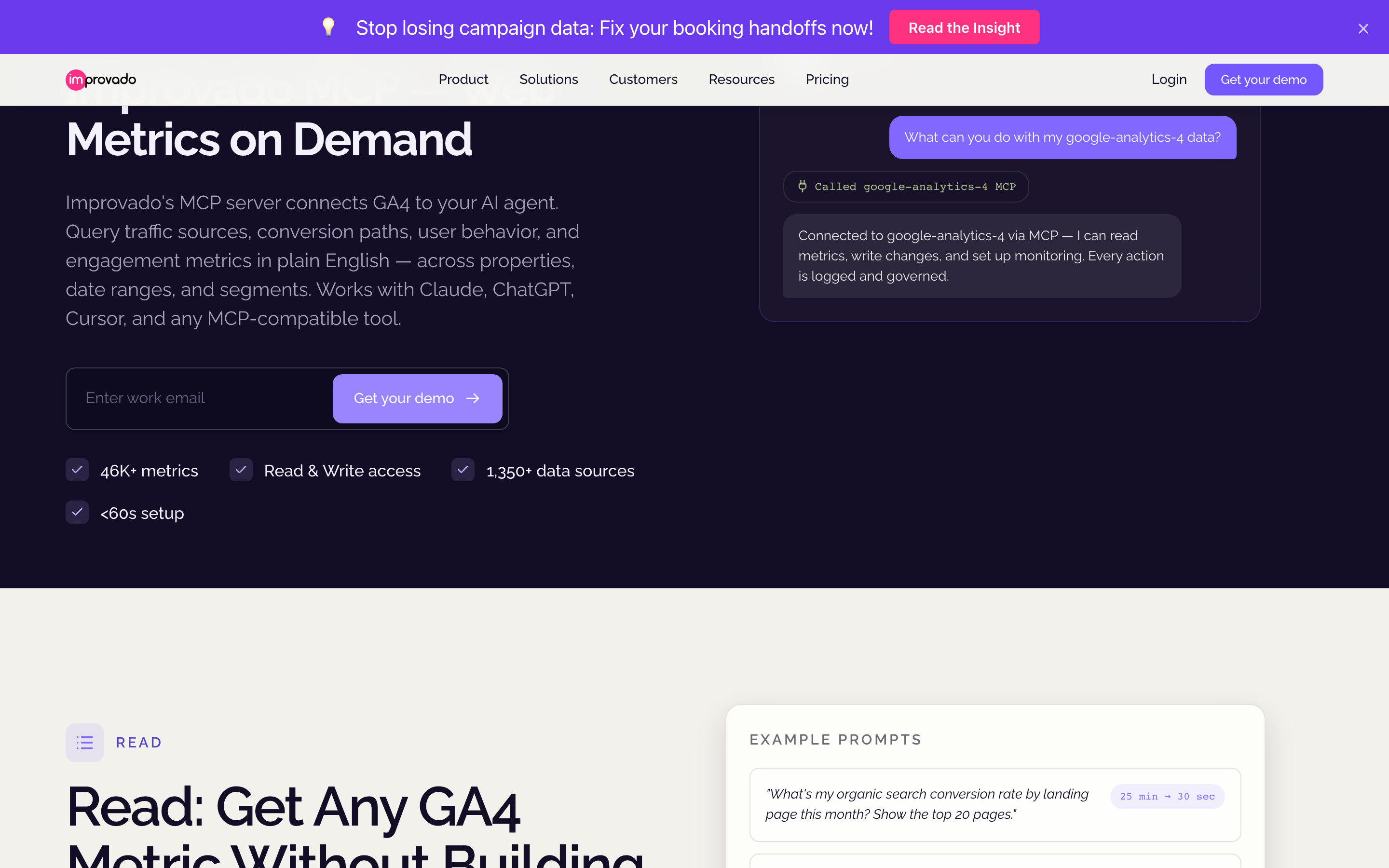 The Improvado GA4 MCP page, promising read and write access across 1,350+ data sources, with every action logged.