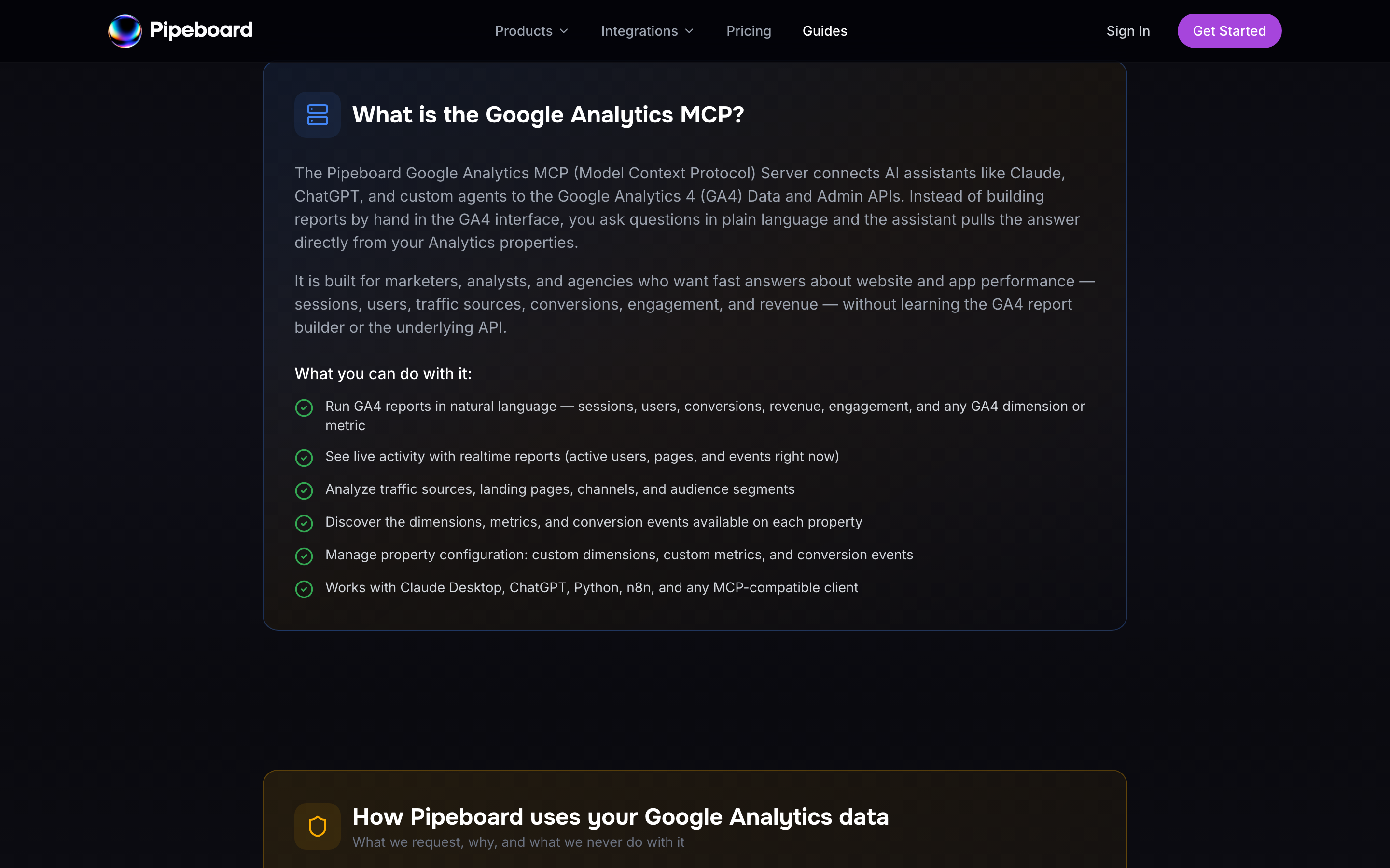 Pipeboard's Google Analytics MCP guide: manage property configuration, meaning custom dimensions, custom metrics and conversion events.