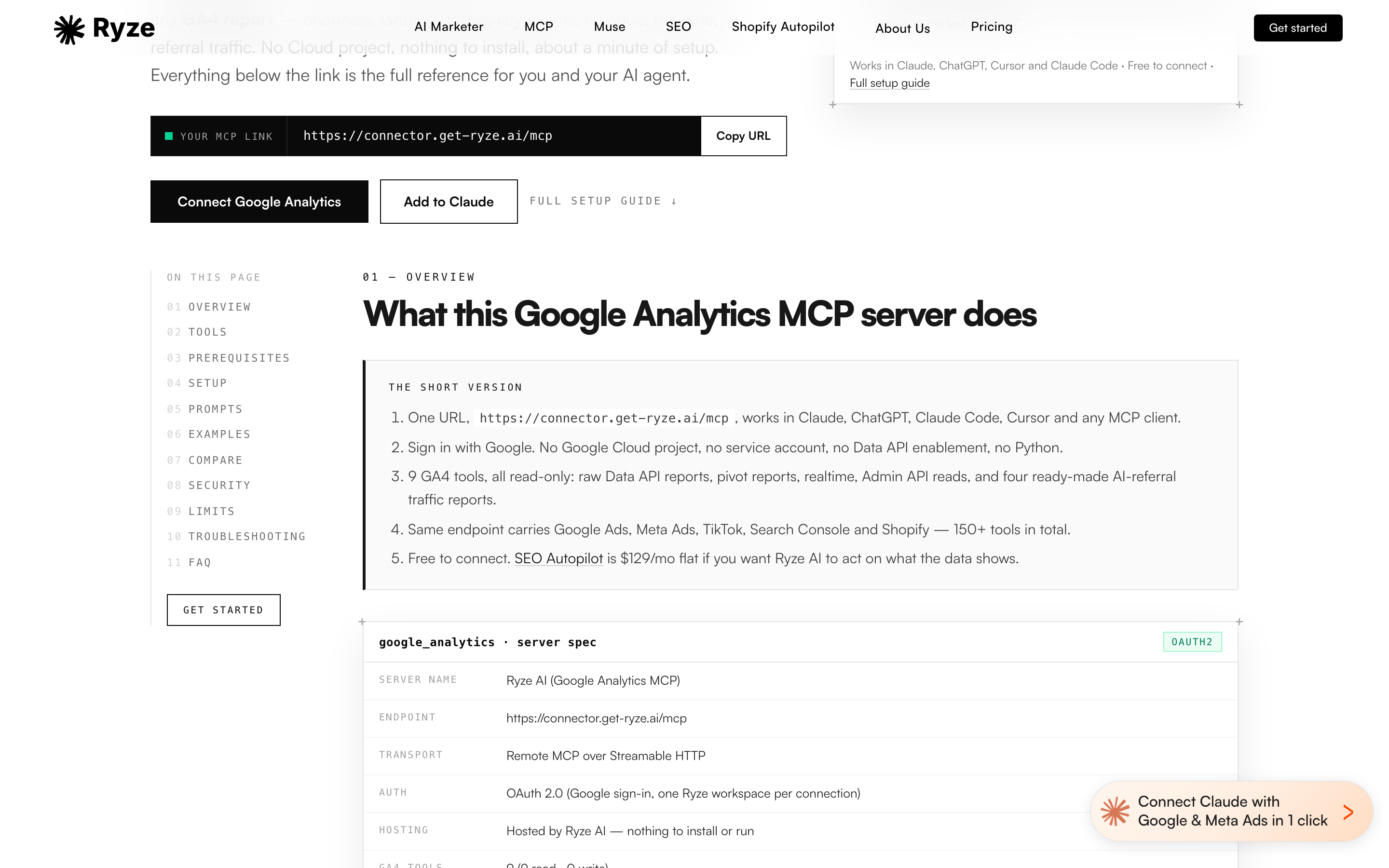 Ryze's Google Analytics MCP page: nine GA4 tools, all read-only, free to connect, with SEO Autopilot at $129 a month.