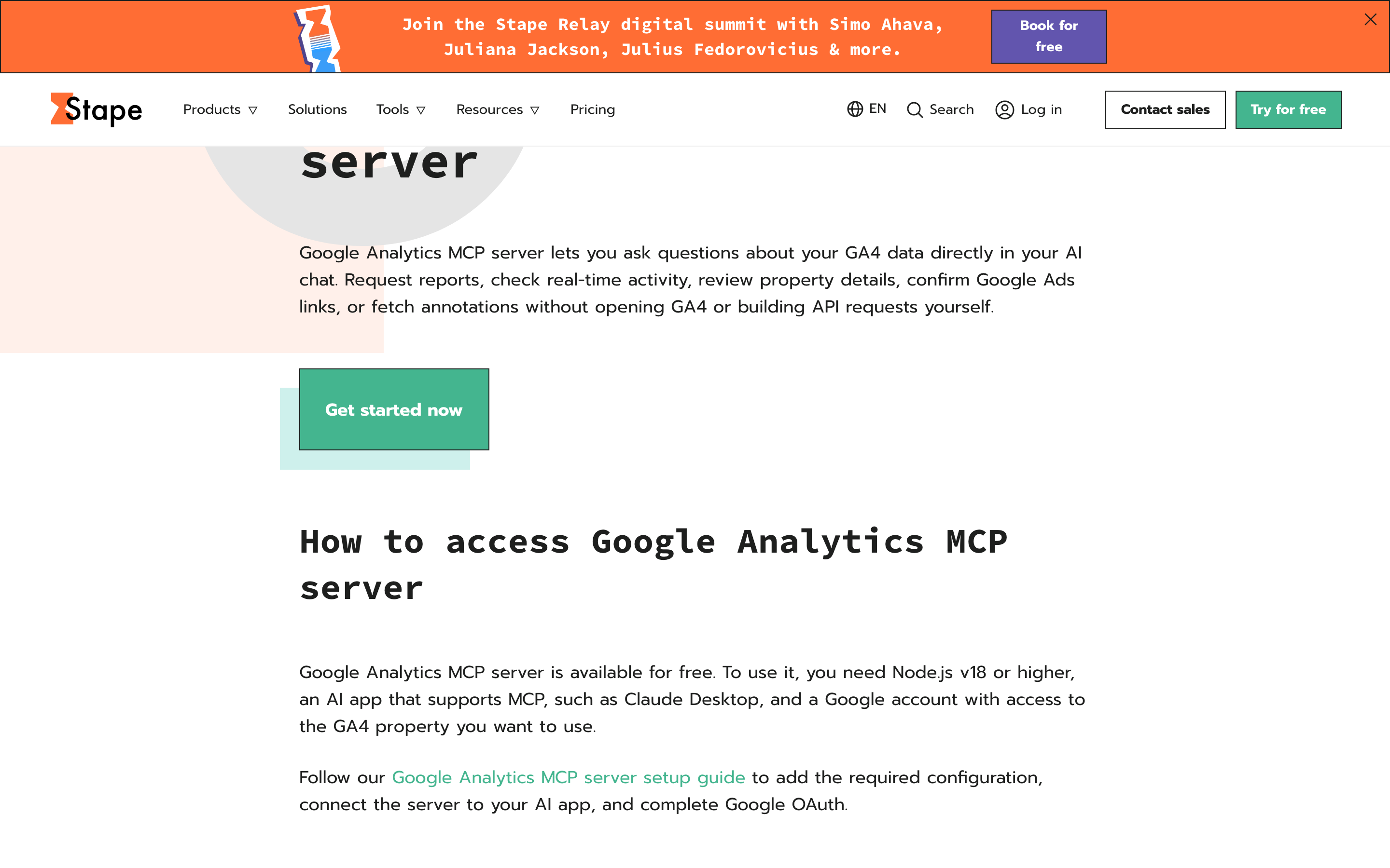 The Stape GA4 MCP page: available for free, and needs Node.js v18 or higher and an MCP client such as Claude Desktop.