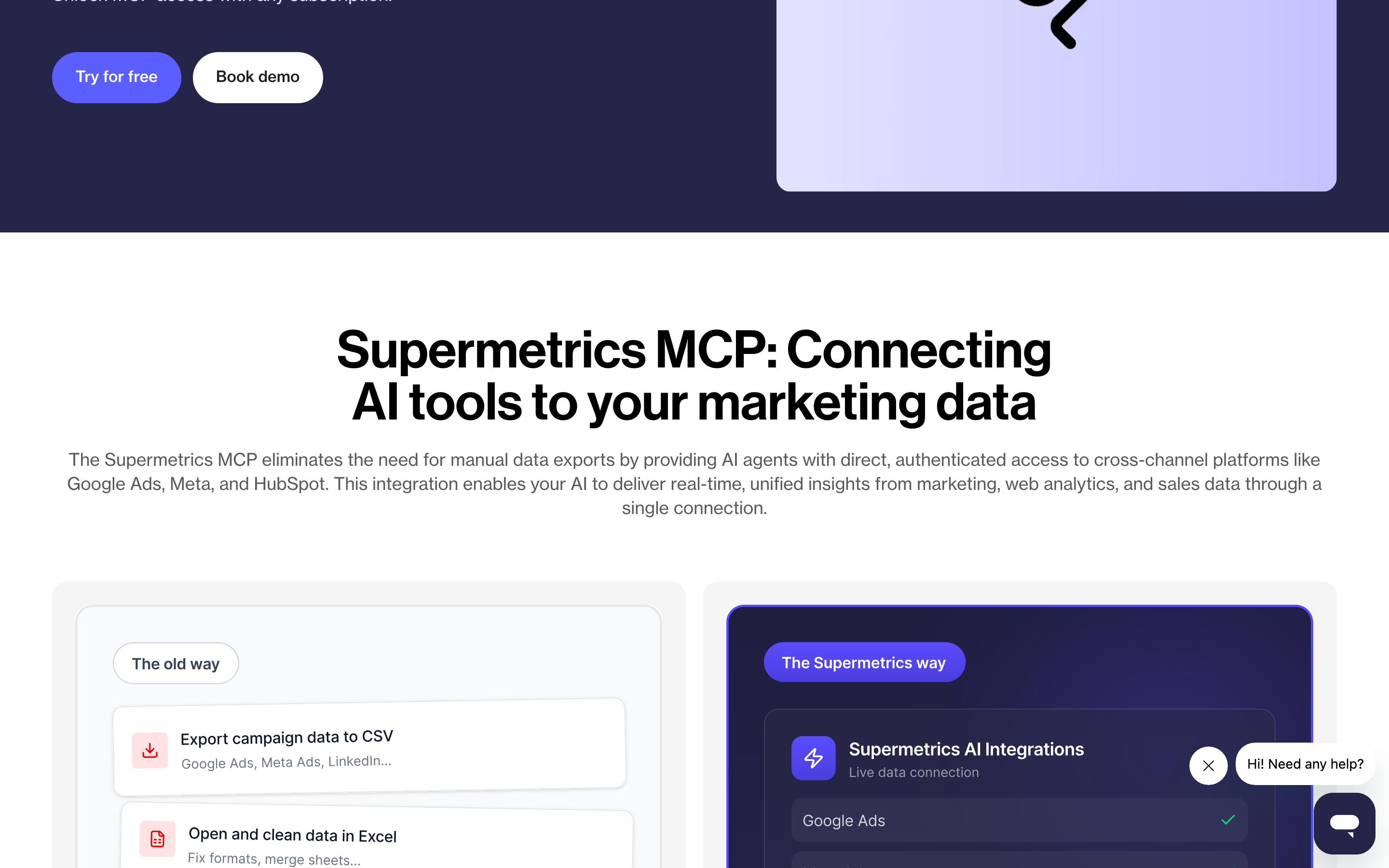 The Supermetrics MCP product page, connect AI to your marketing data.