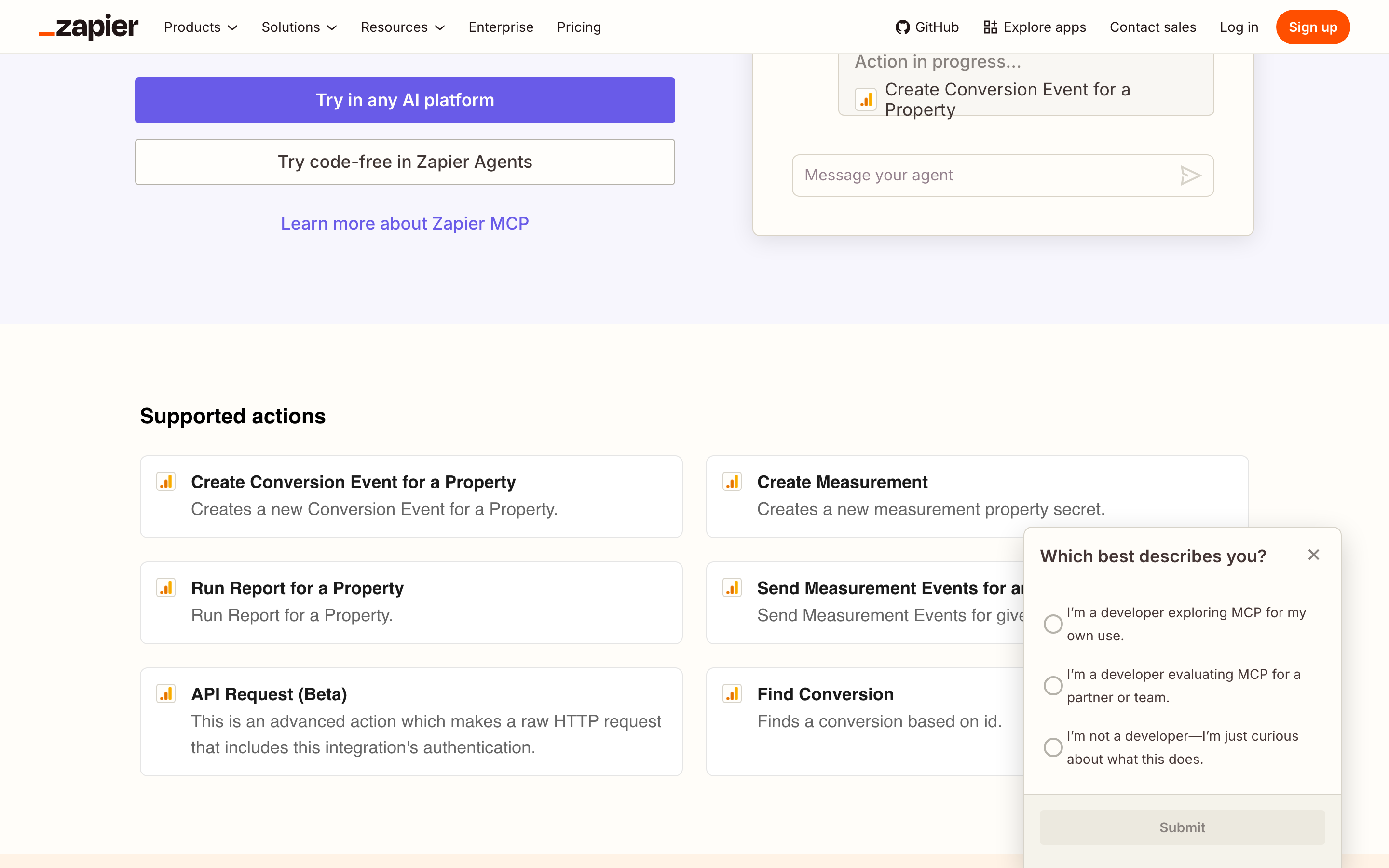 The Zapier GA4 MCP supported actions: a conversion event, a Measurement Protocol secret, one report, measurement events, a conversion lookup and a raw API request.