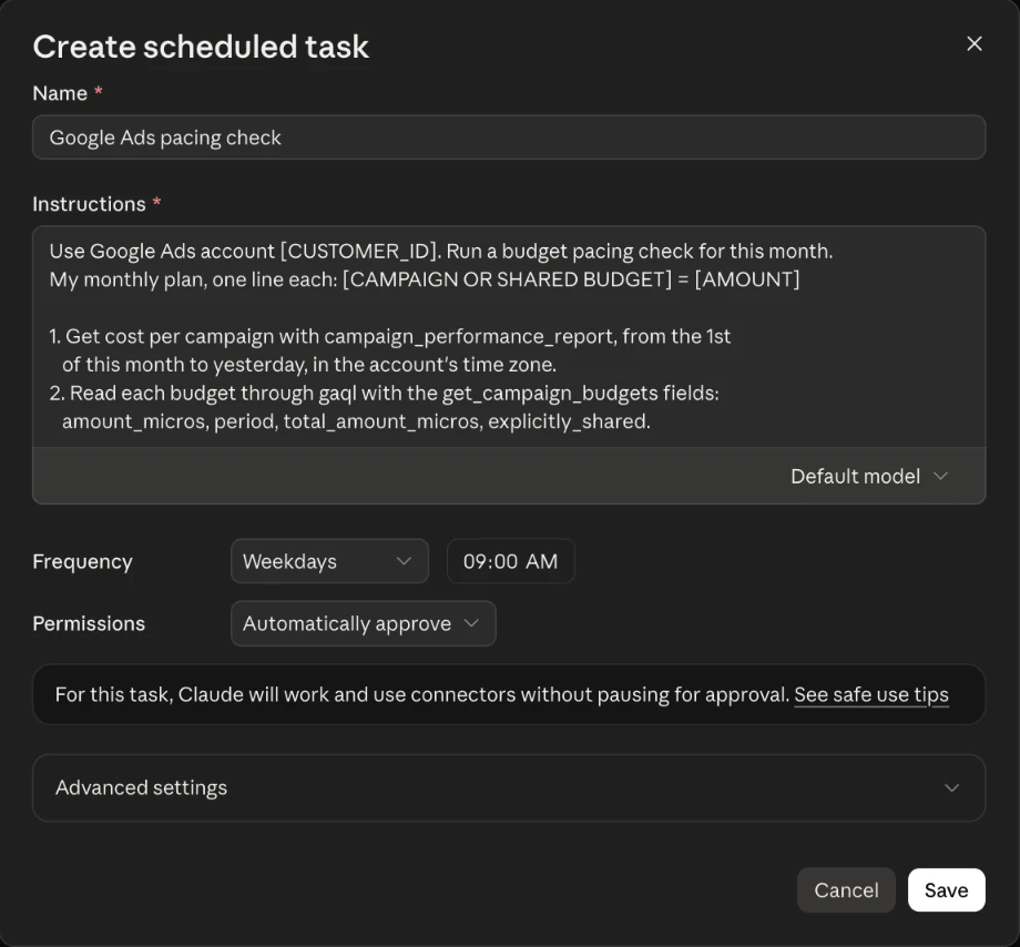 Claude's Create scheduled task form filled in: the name Google Ads pacing check, the pacing prompt as instructions, and a Weekdays frequency at 09:00 AM, ready to save.