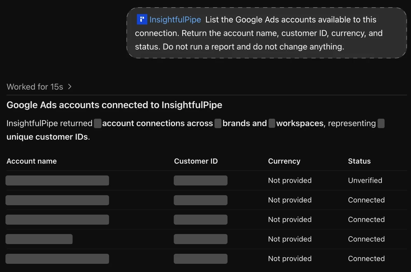 A ChatGPT chat running the read-only Google Ads account lookup through the InsightfulPipe plugin, returning a table of accounts with names and customer IDs masked and nothing changed.