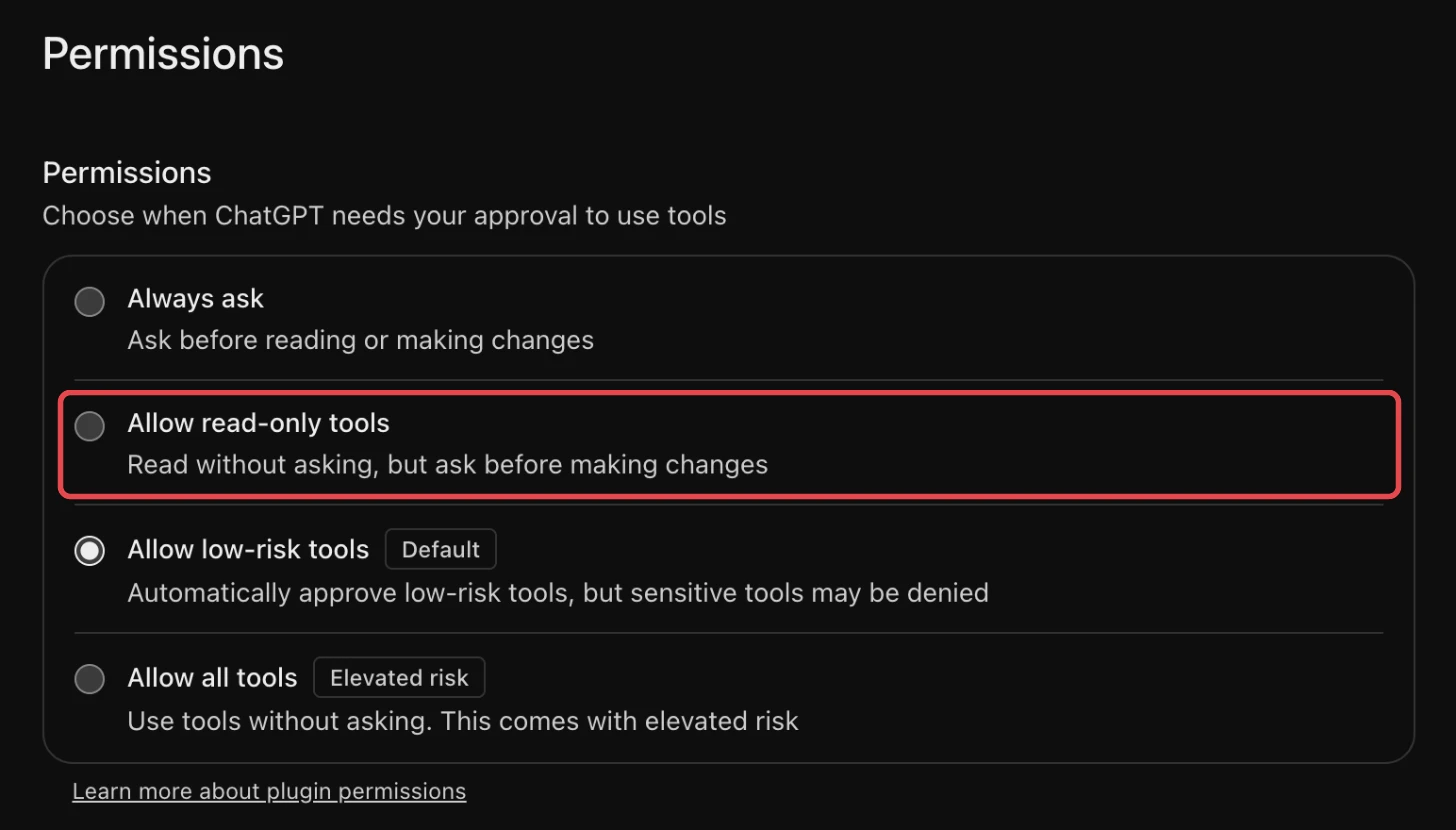 ChatGPT's Permissions page for an InsightfulPipe plugin, with Allow read-only tools highlighted: reports run without asking and every change waits for approval.