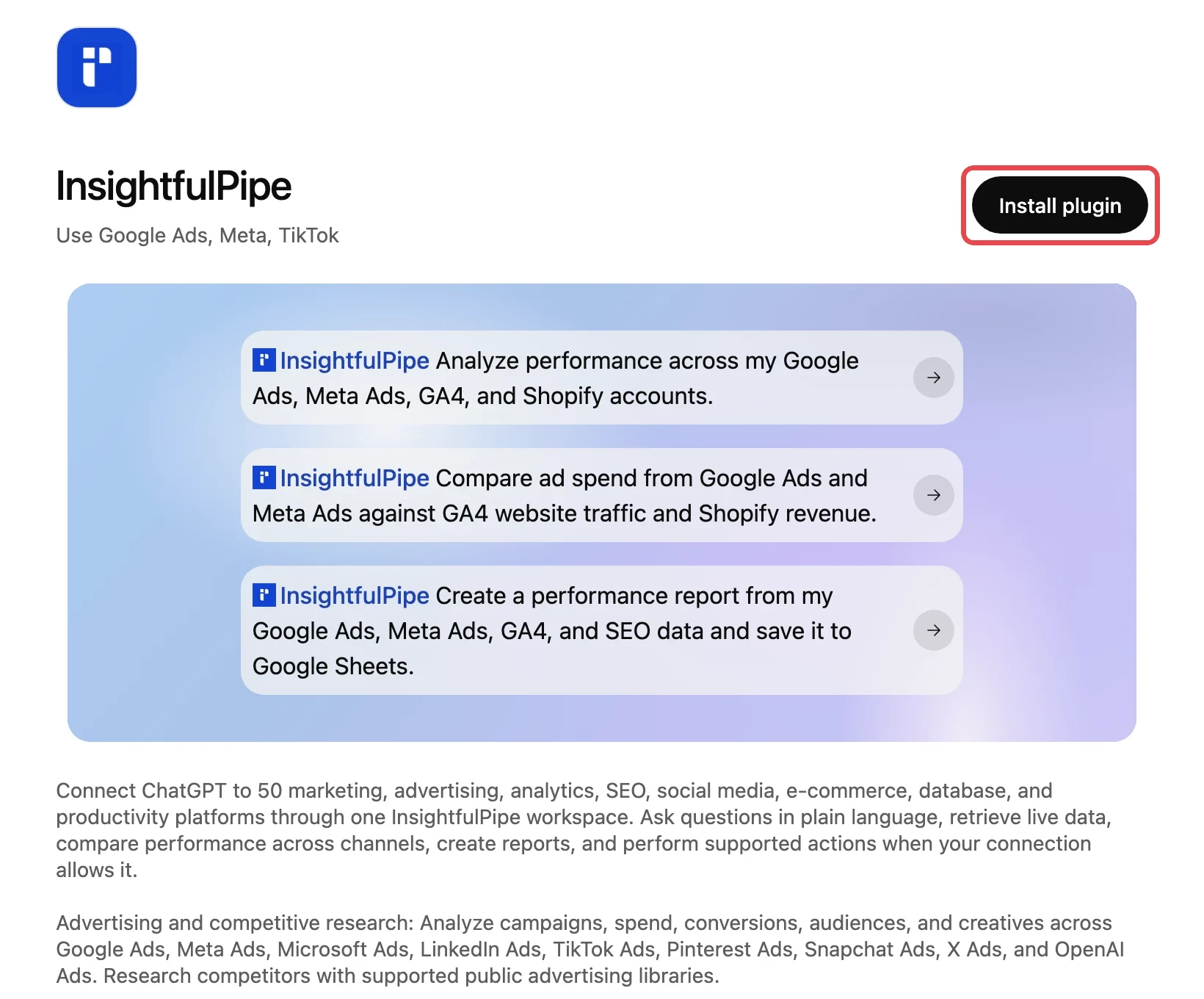 The InsightfulPipe listing in the ChatGPT Plugins directory, with its install control highlighted.