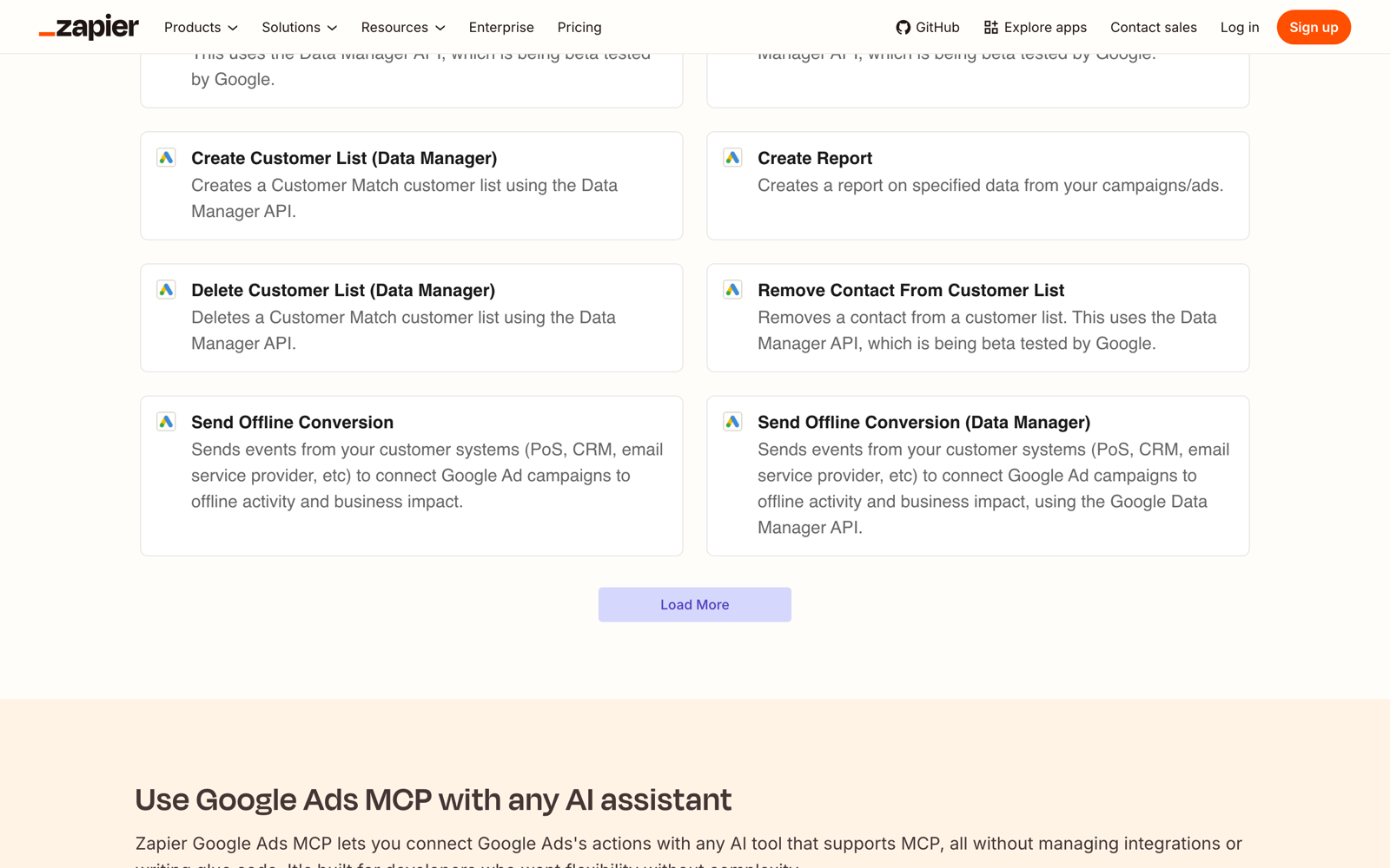 The Zapier Google Ads MCP supported actions: customer lists, offline conversions, a report and campaign status, with no action that creates or edits a campaign.