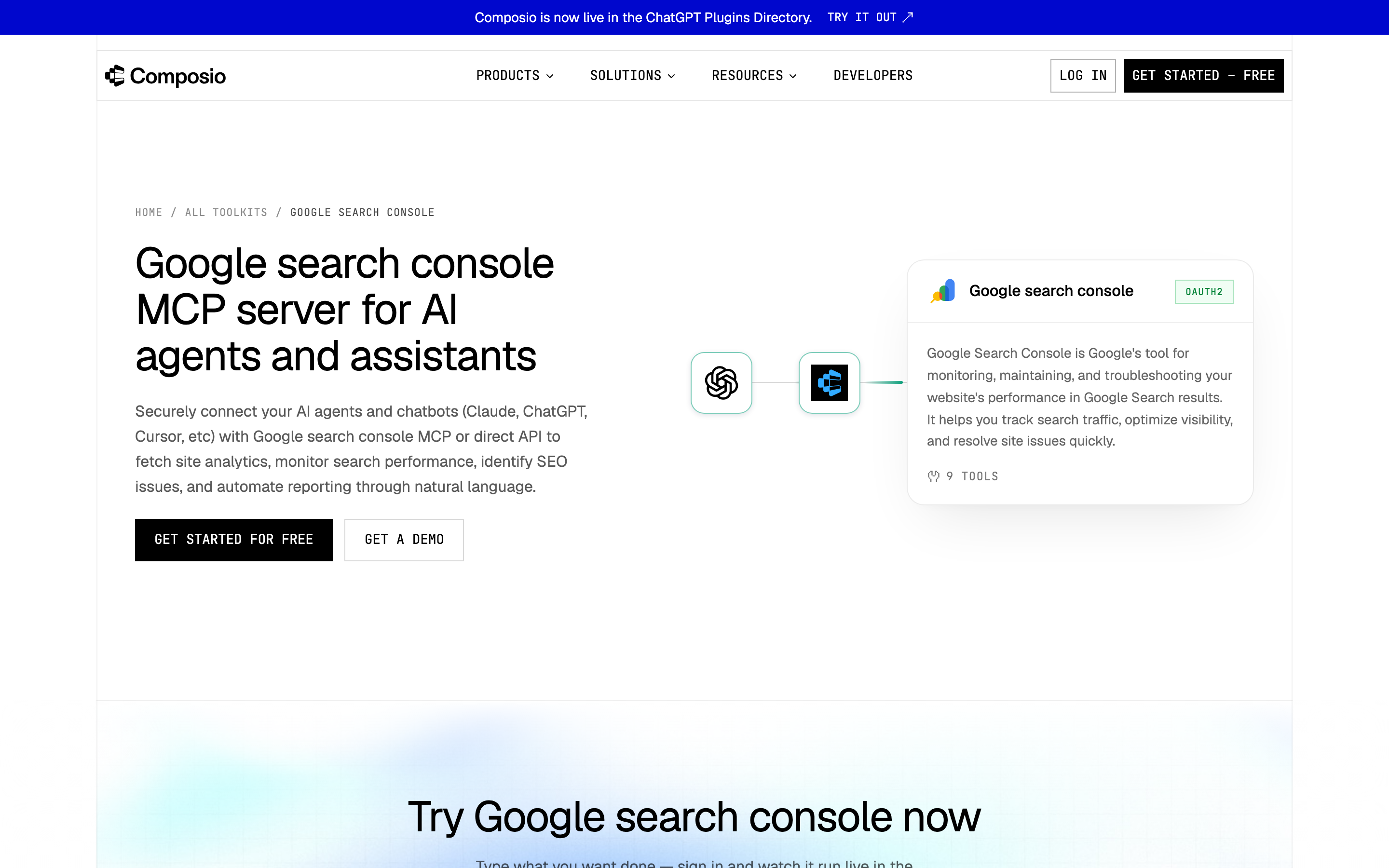 The Composio toolkit page, Google search console MCP server for AI agents and assistants, listing 9 tools with OAuth2.