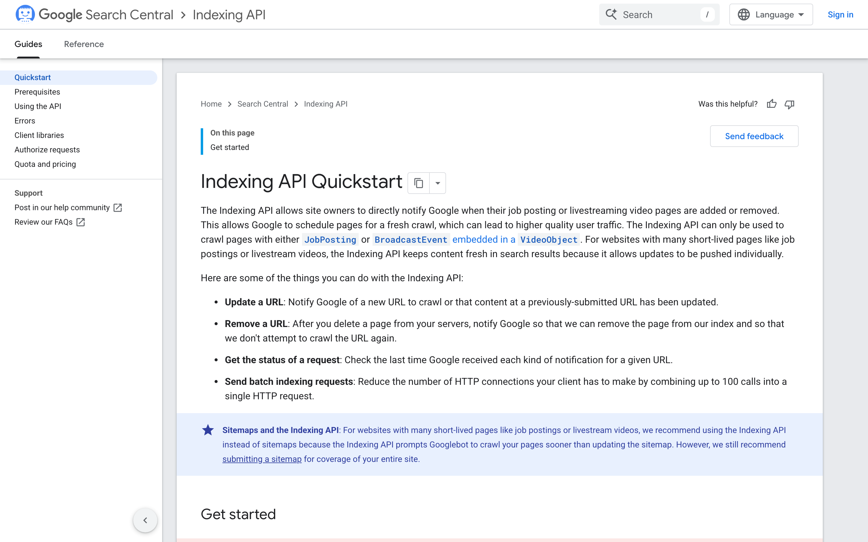 Google Search Central's Indexing API quickstart, which says the API can only be used to crawl pages with JobPosting or BroadcastEvent embedded in a VideoObject.