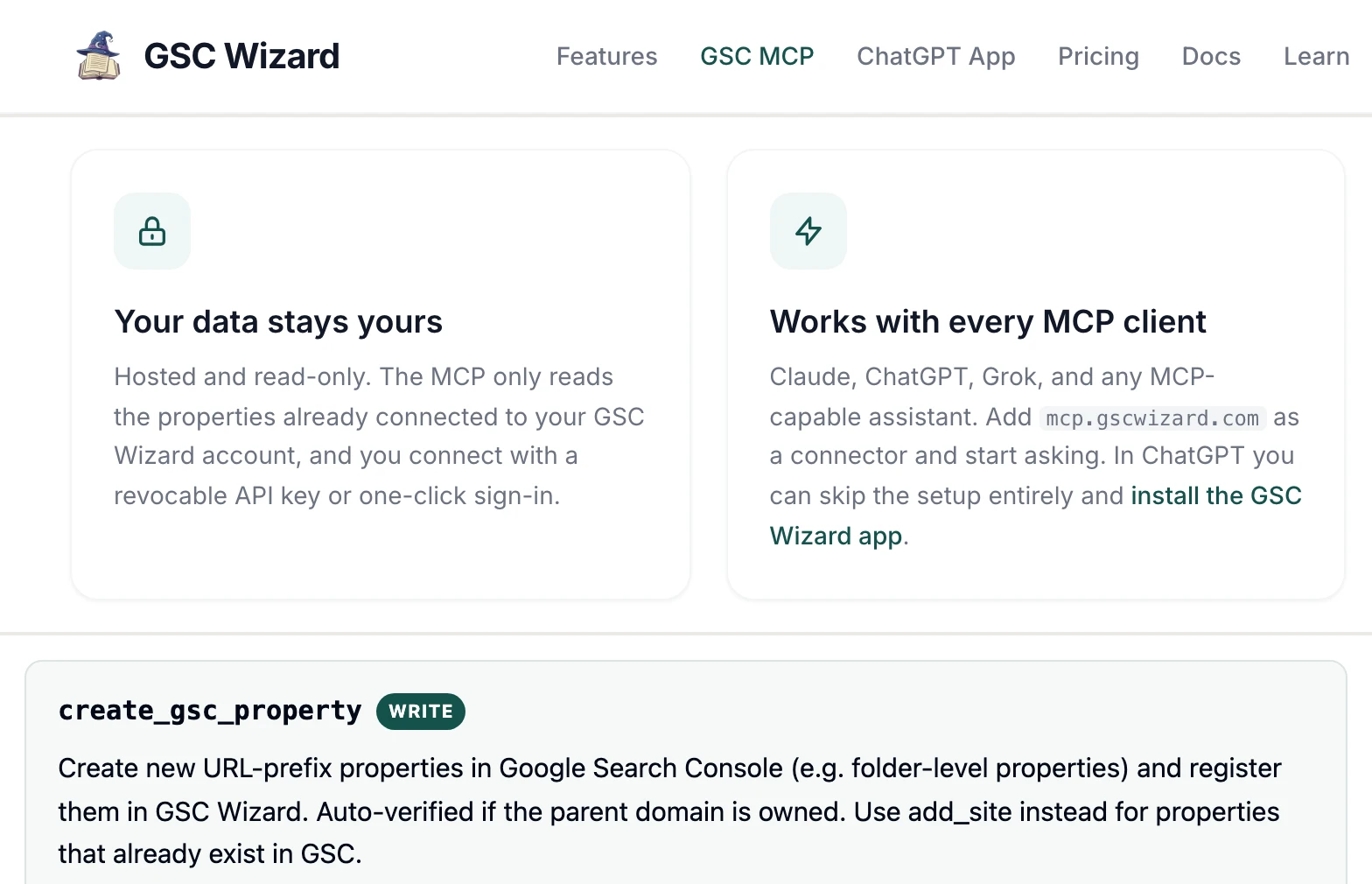 GSC Wizard's MCP page calls it hosted and read-only, while its MCP docs list create_gsc_property, a write tool that creates URL-prefix properties in Google Search Console.