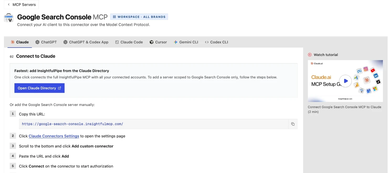 The Google Search Console MCP guide inside InsightfulPipe on the Claude tab: the Open Claude Directory button, the server URL https://google-search-console.insightfulmcp.com/ and the setup steps.