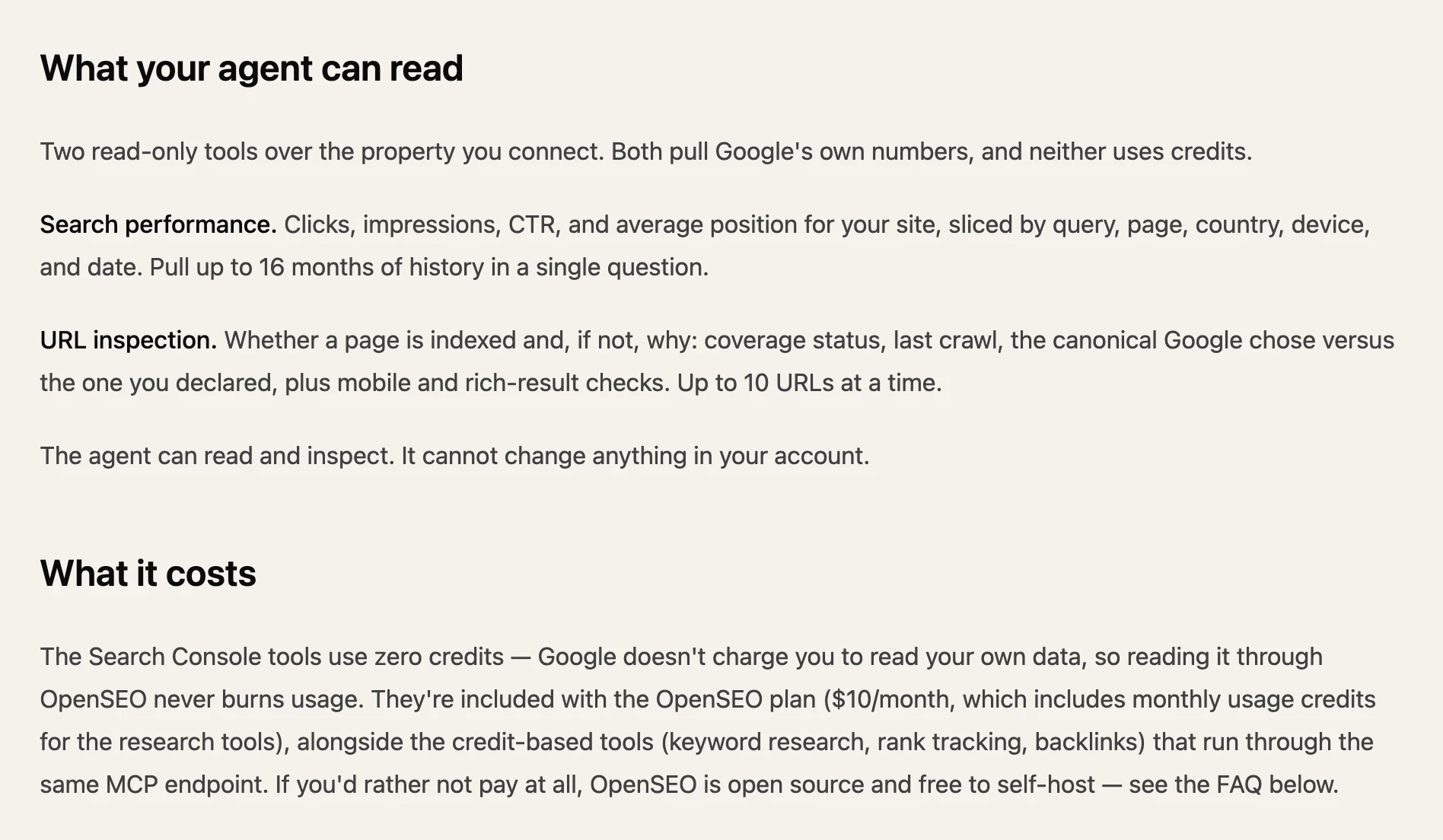 OpenSEO's Search Console MCP page lists two read-only tools over the property you connect, included with the OpenSEO plan at $10/month.