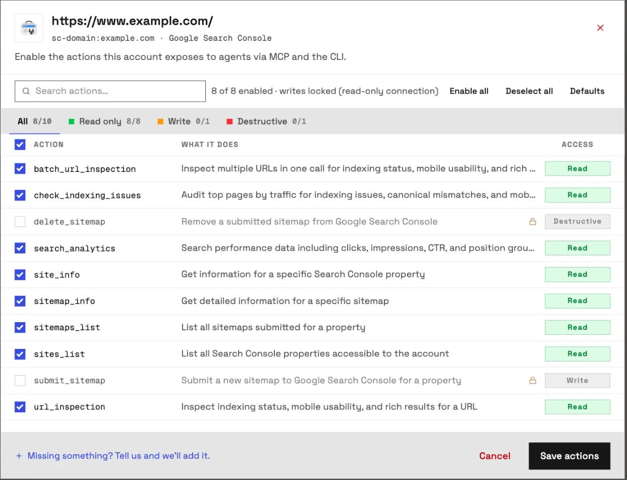 The actions for a connected Search Console property in InsightfulPipe: all 8 reads on, with submit_sitemap and delete_sitemap locked, since InsightfulPipe keeps sitemap writes switched off for every account.