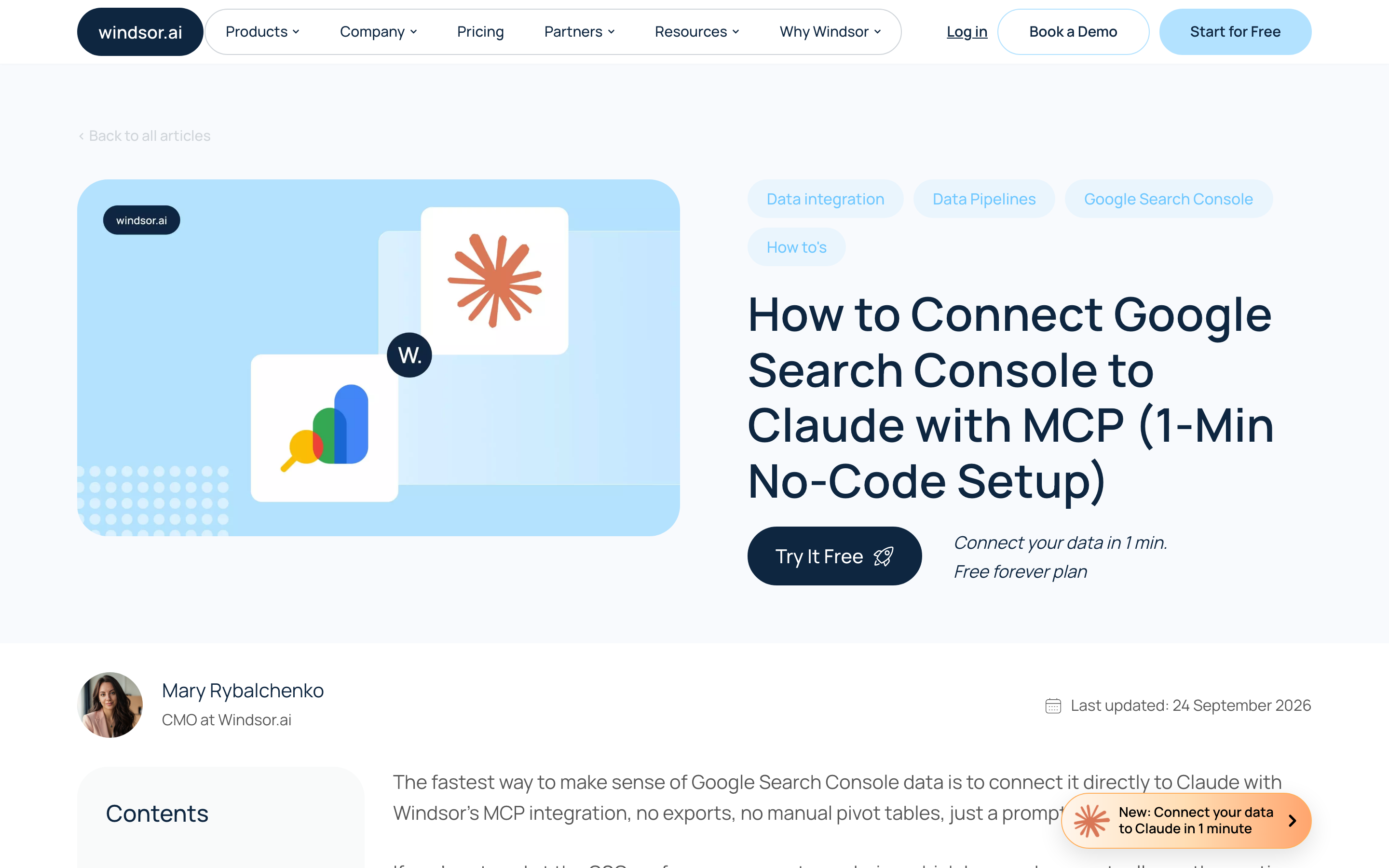 Windsor.ai's guide, How to Connect Google Search Console to Claude with MCP (1-Min No-Code Setup), last updated 24 September 2026.