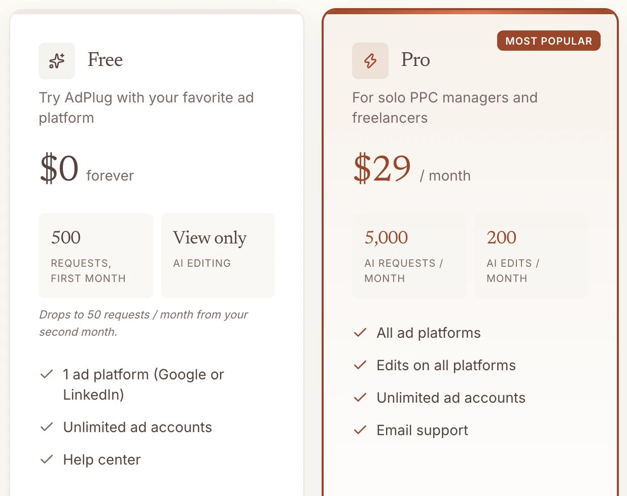 AdPlug's pricing page: the free plan is view only and drops to 50 requests a month from the second month, and Pro is $29 a month with 200 AI edits.