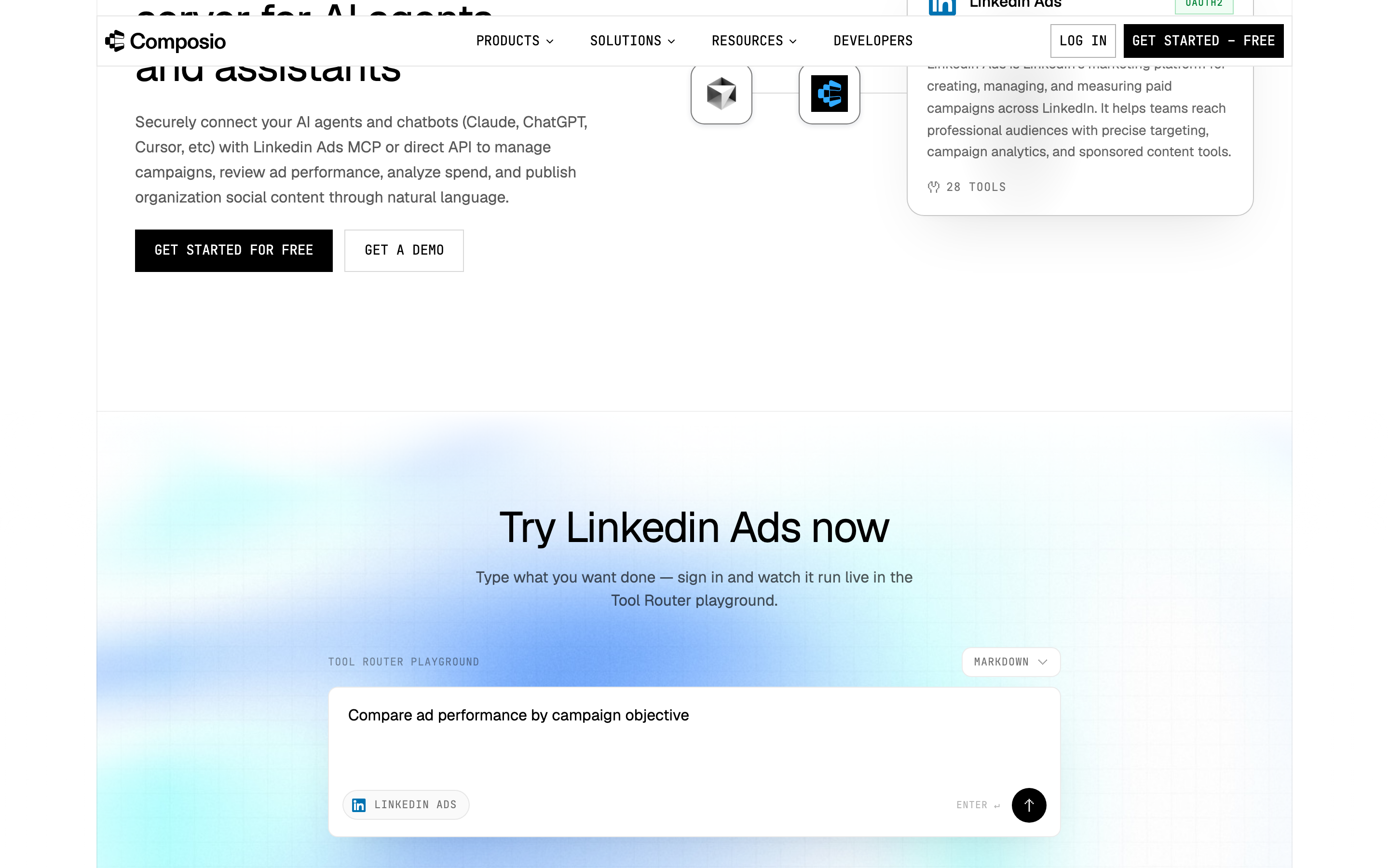 Composio's LinkedIn Ads toolkit page: 28 tools, with copy that says agents can manage campaigns.