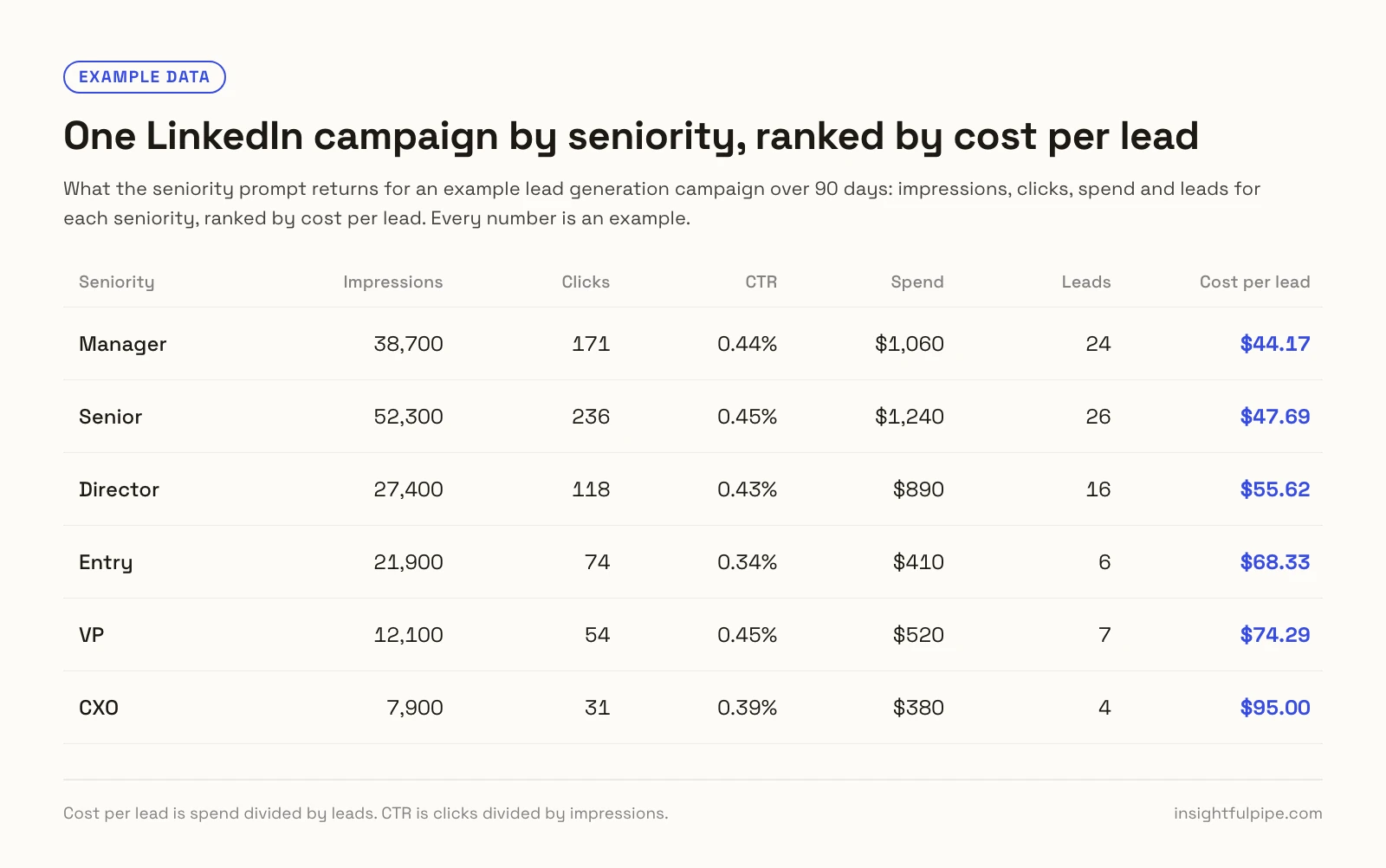 Example data: one LinkedIn lead generation campaign broken down by seniority, from Manager at $44.17 a lead to CXO at $95.00, with impressions, clicks, CTR, spend and leads.