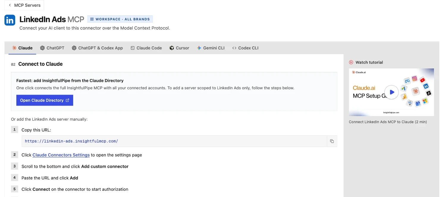 The LinkedIn Ads MCP guide inside InsightfulPipe on the Claude tab: the Open Claude Directory button, the server URL https://linkedin-ads.insightfulmcp.com/ and the setup steps.