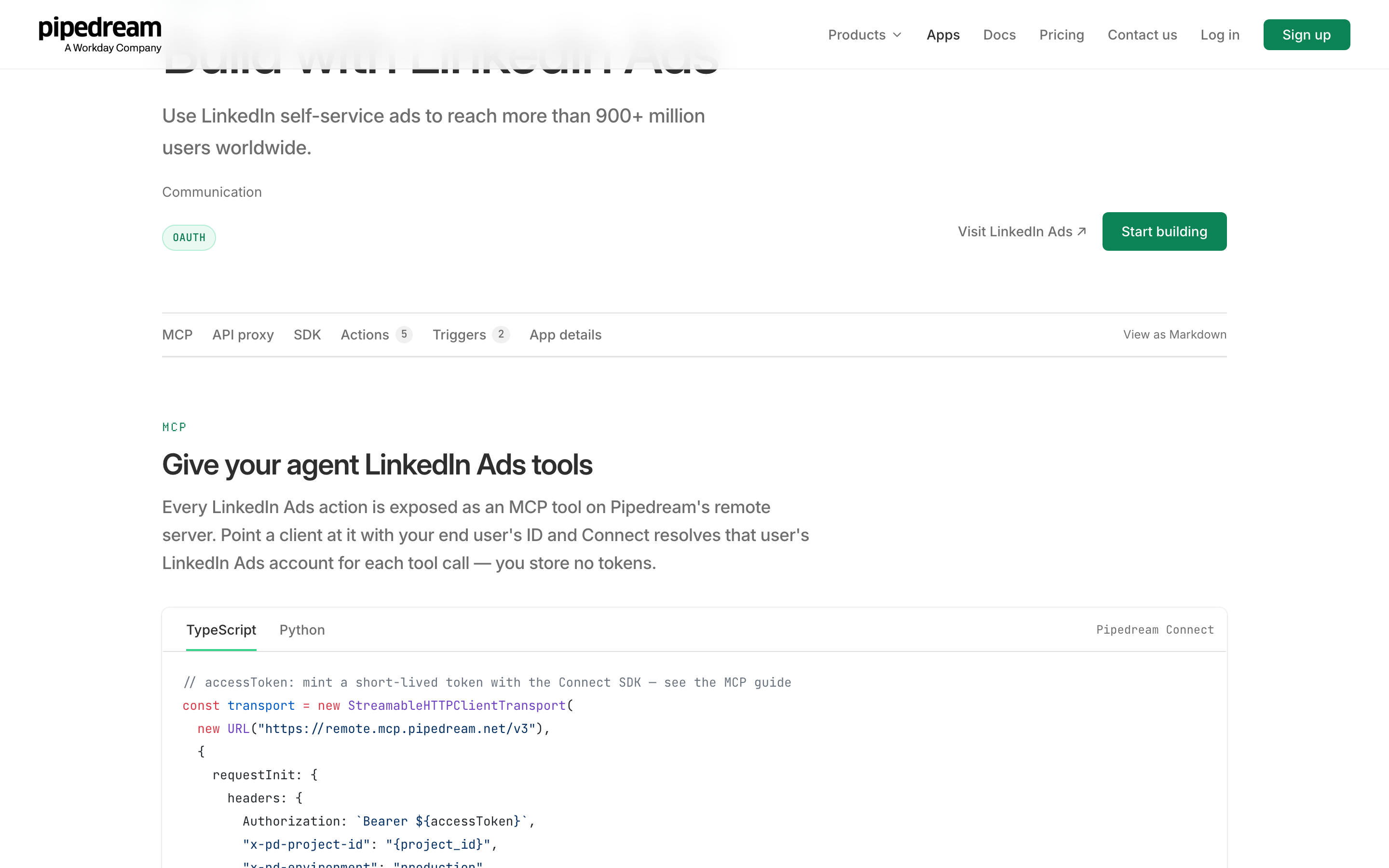 Pipedream's LinkedIn Ads app page: five actions and two triggers, exposed as MCP tools on its remote server.