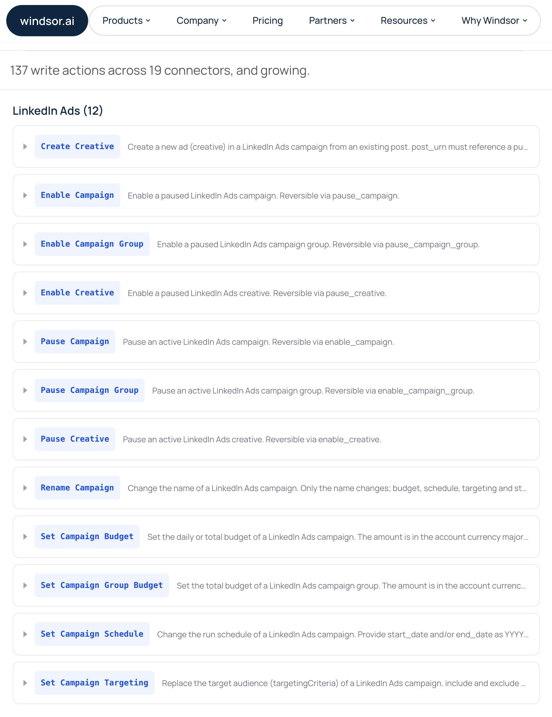 Windsor.ai's write actions page: 137 write actions across 19 connectors, 12 of them for LinkedIn Ads, from Create Creative to Set Campaign Targeting, and none creates a campaign.
