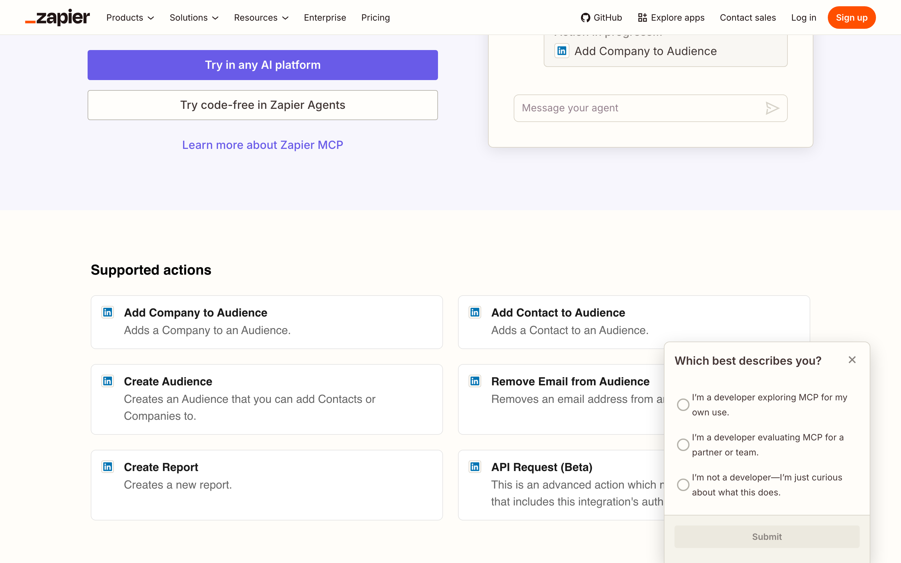 Zapier's LinkedIn Ads MCP supported actions: audience and report actions plus a raw API Request action in beta, and none that builds a campaign.