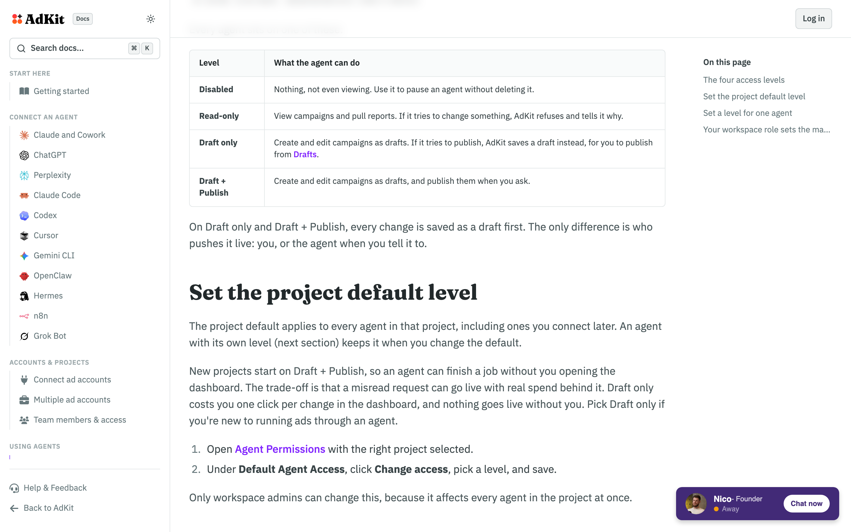 AdKit's access level documentation: four levels, and new projects start on Draft + Publish, where a misread request can go live.