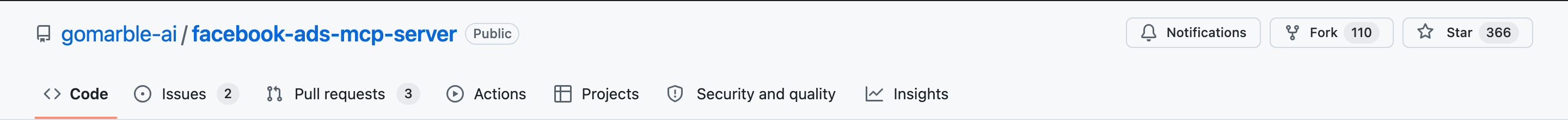 The gomarble-ai facebook-ads-mcp-server repository on GitHub, a public MIT-licensed server you host yourself.