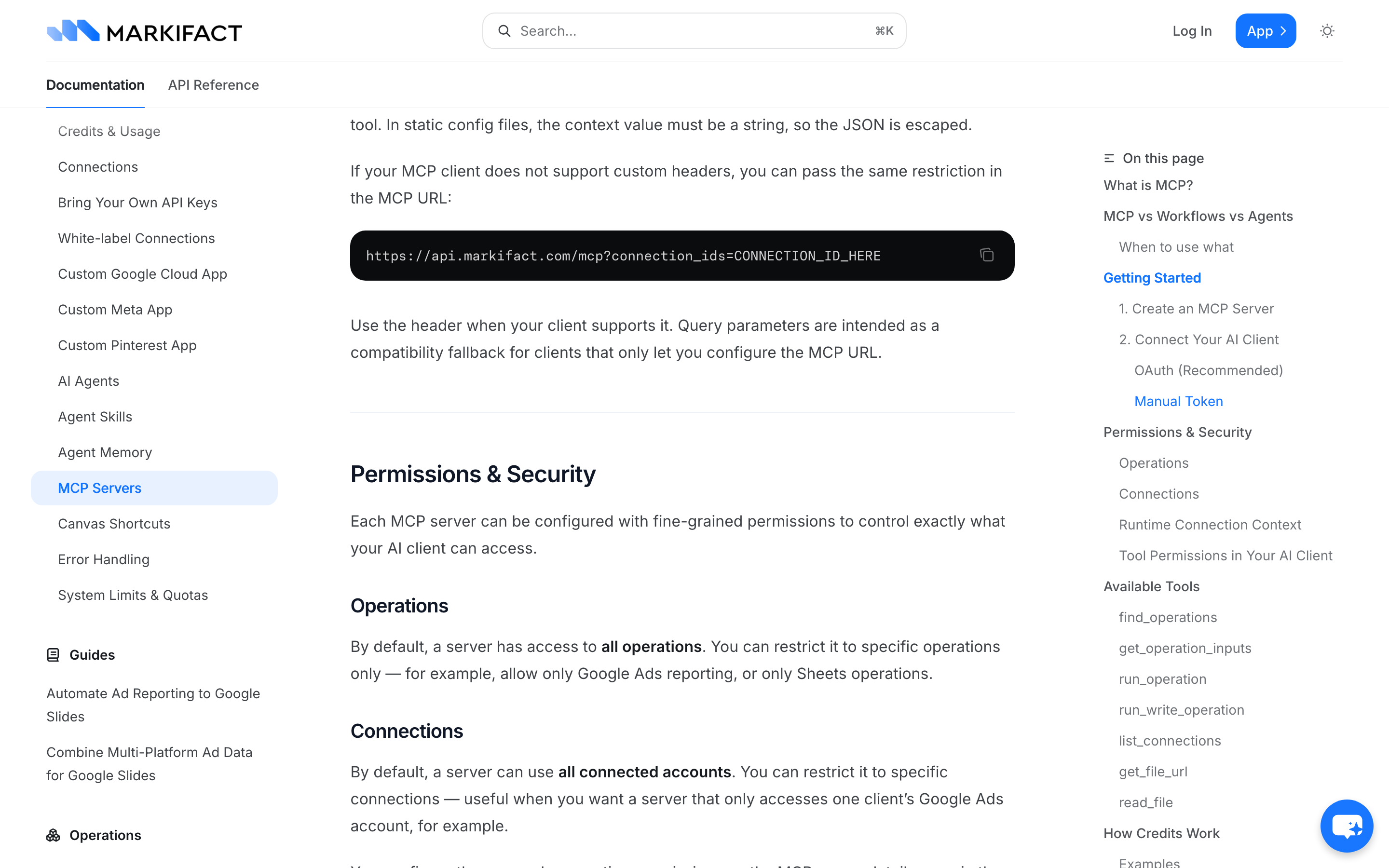 Markifact's MCP documentation: by default a server has access to all operations and can use all connected accounts, until you restrict it.