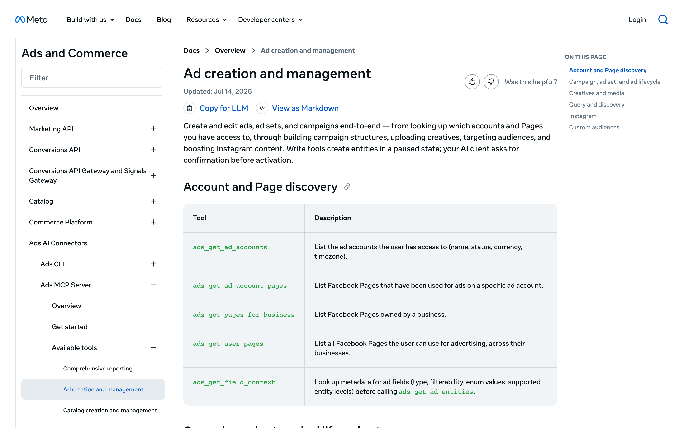 Meta's ad creation and management tools page: write tools create entities in a paused state, and your AI client asks for confirmation before activation.