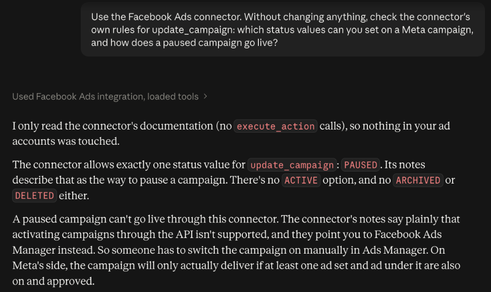 Claude reading the InsightfulPipe Facebook Ads connector's own rules: update_campaign accepts only PAUSED, so a paused campaign goes live only in Facebook Ads Manager.