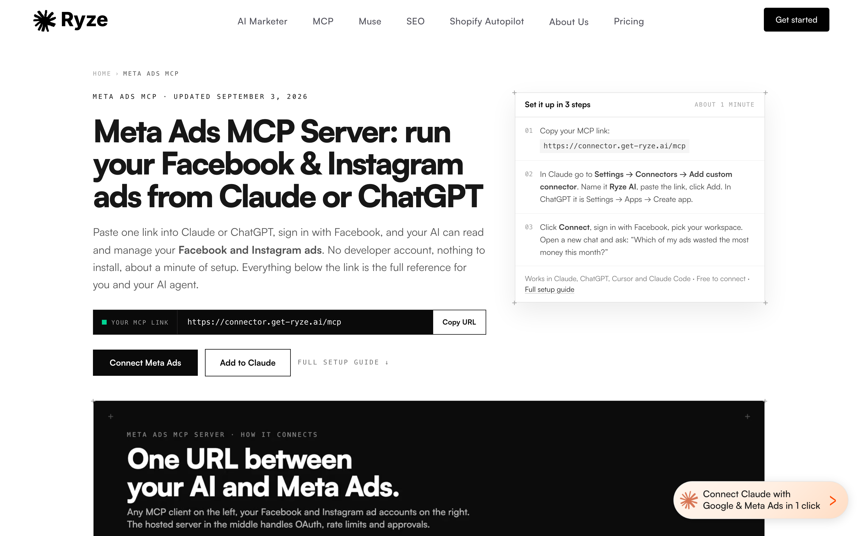 The Ryze AI Meta Ads MCP page: run Facebook and Instagram ads from Claude or ChatGPT, with free to connect in its setup box.