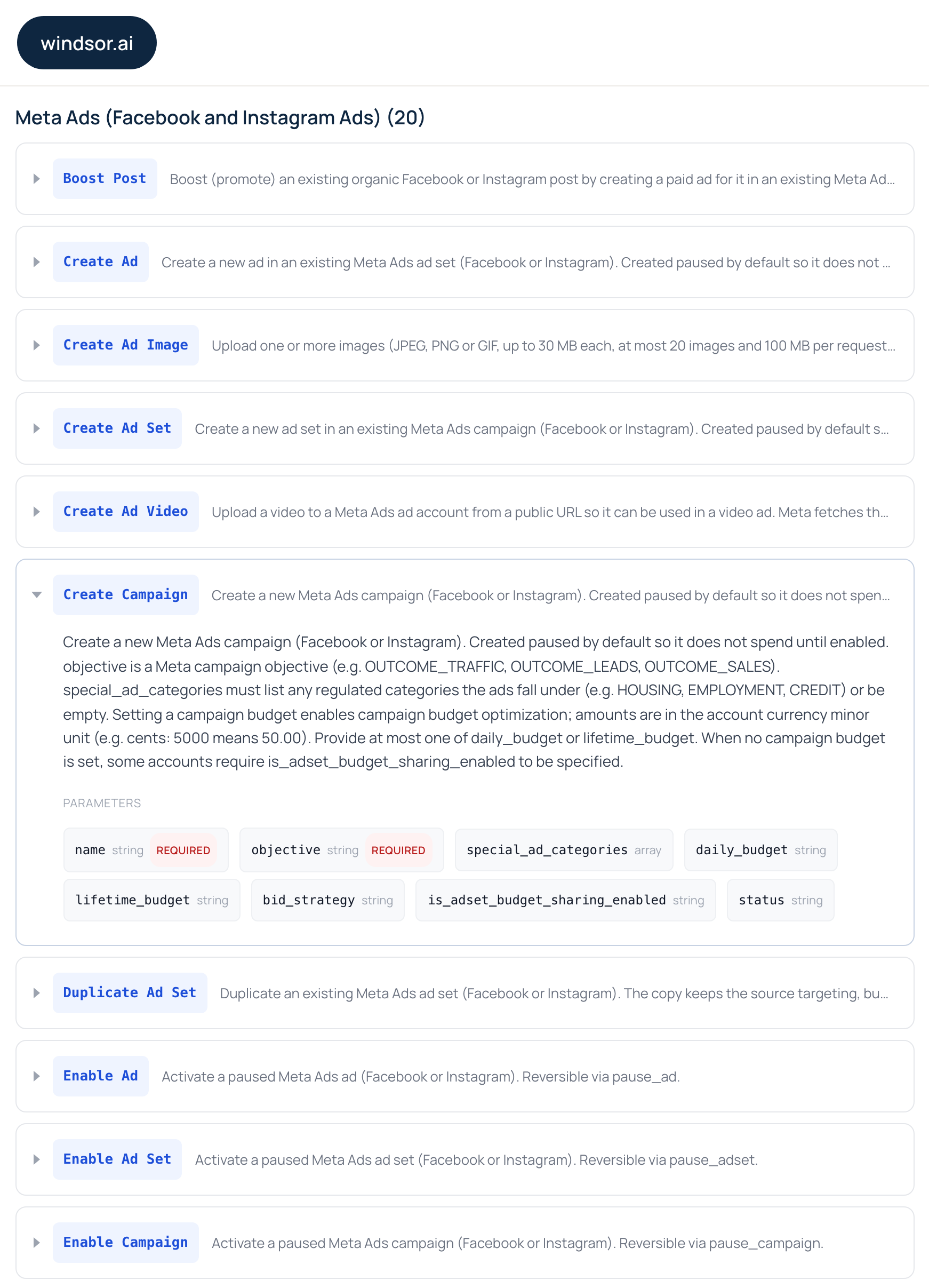 Windsor.ai's write actions page lists 20 Meta Ads actions, including Create Campaign, created paused by default, and Enable Ad, Enable Ad Set and Enable Campaign.